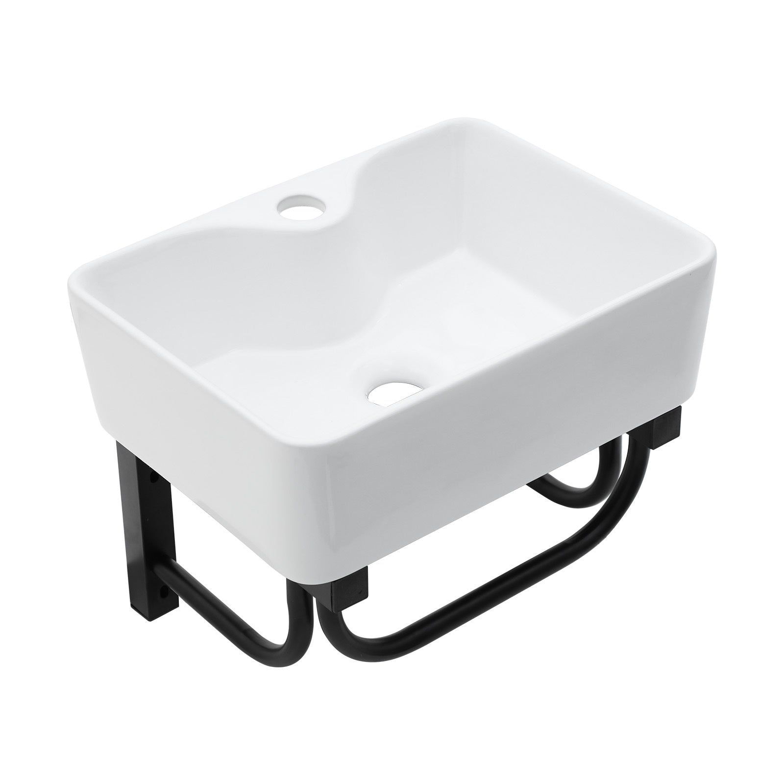 Modern Rectangular Ceramic Bathroom Sink with Black Towel Bar & Faucet Hole, Wall-Mounted, 16'x12', White