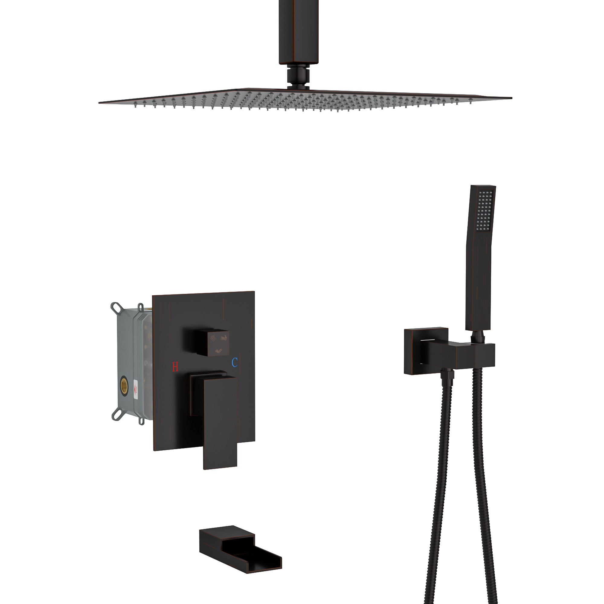 Oil-Rubbed Bronze Shower System with Waterfall Tub Spout, 12 Inch Ceiling Mount, Stainless Steel and Brass