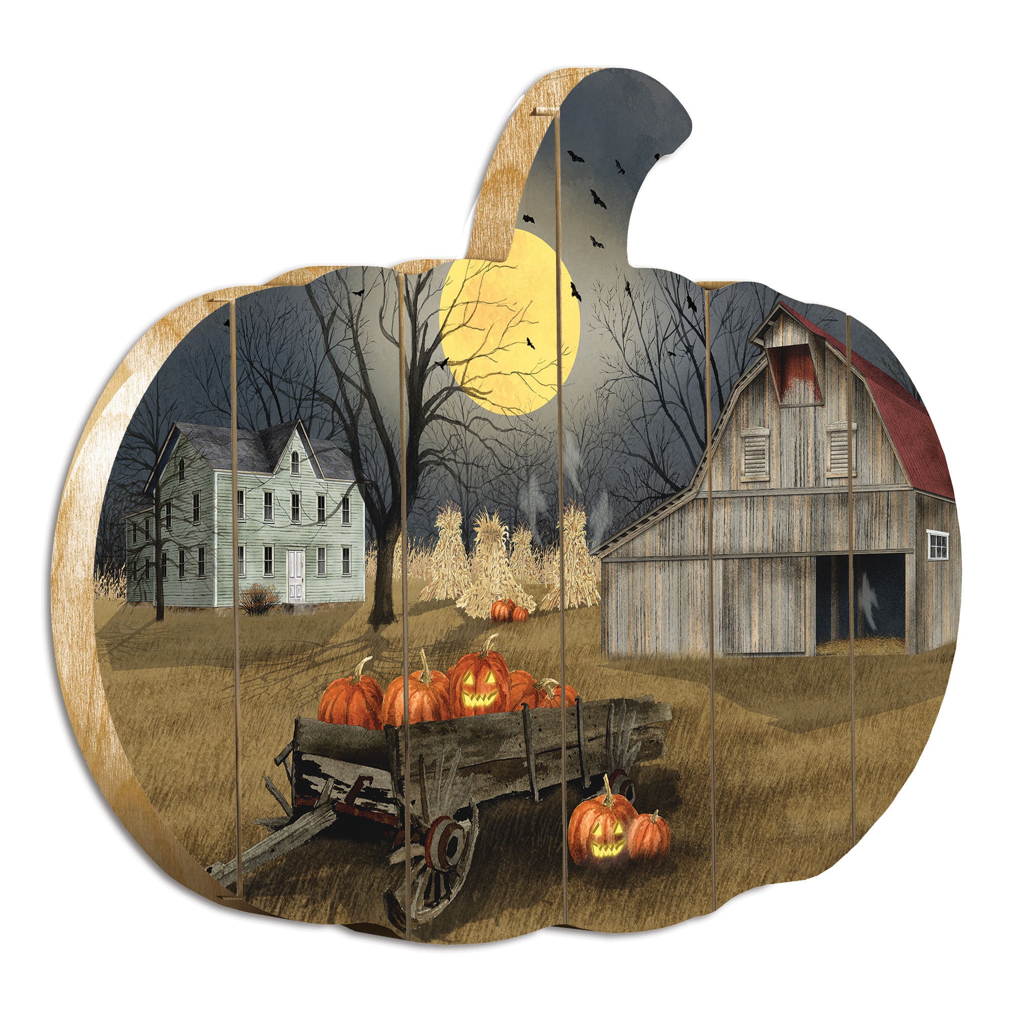 'Spooky Harvest Moon' By Artisan Billy Jacobs Printed on Wooden Pumpkin Wall Art