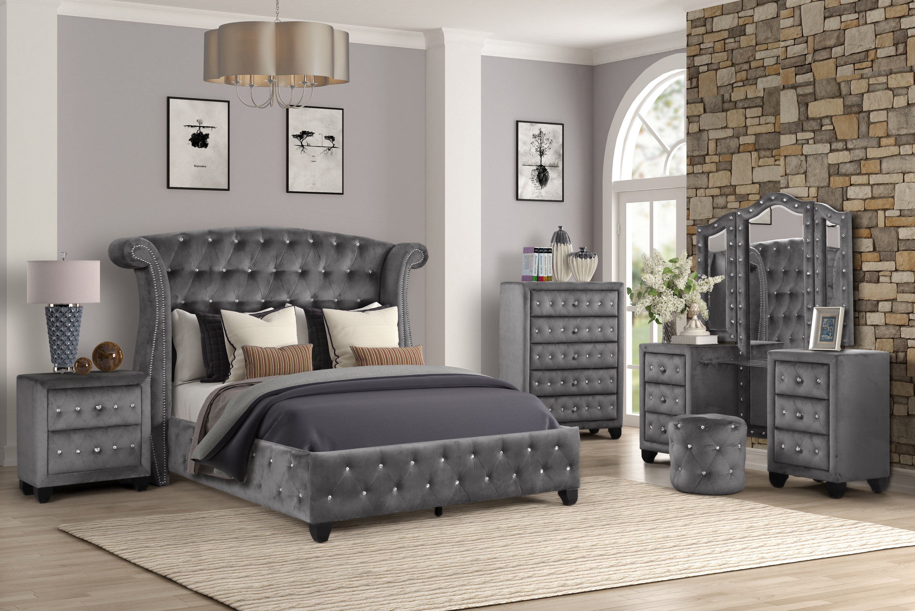 SOPHIA Full 5 Pc Vanity Upholstery Bedroom Set Made With Wood in Gray (CA INVENTORY)