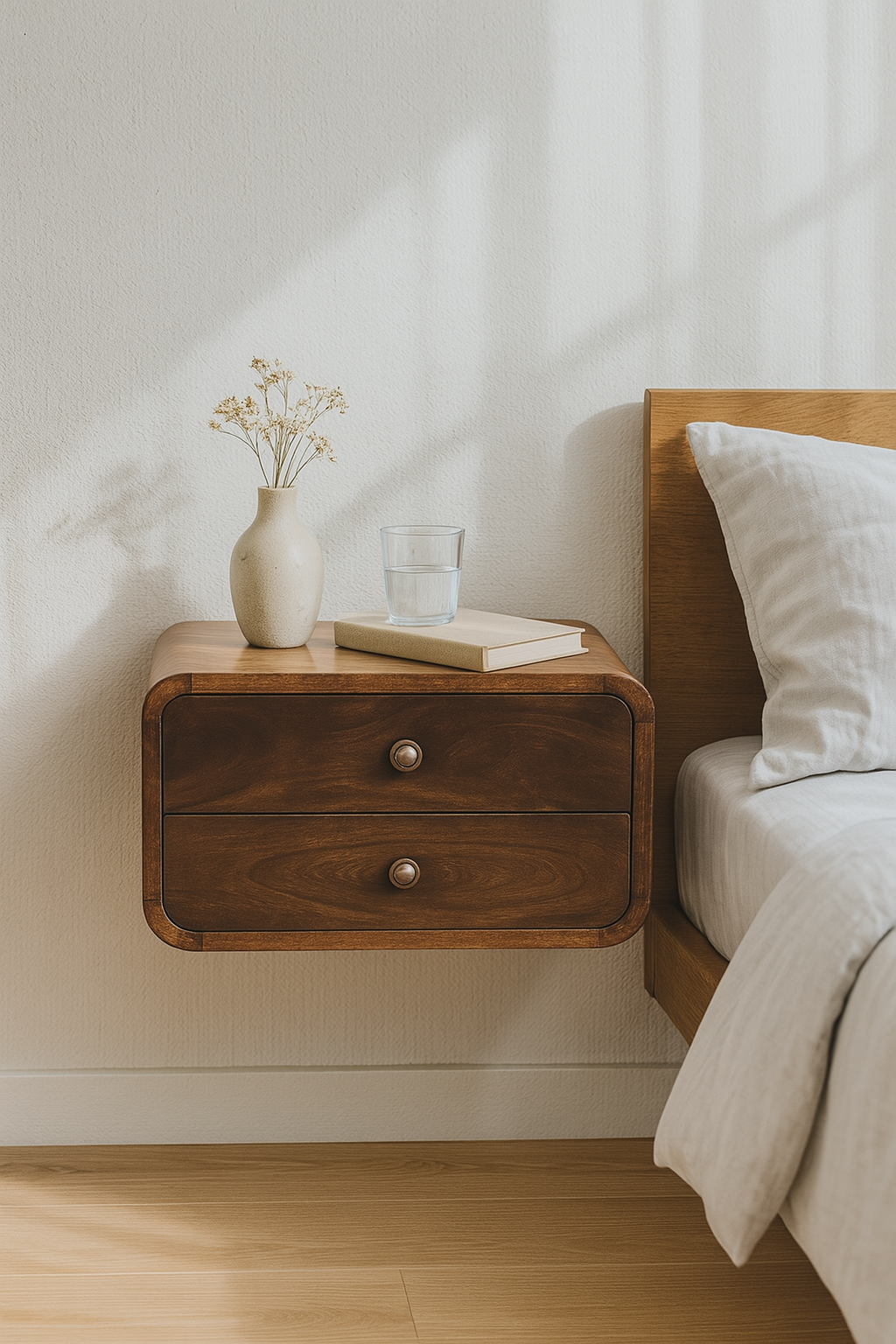 Solid Wood Curved California Walnut Wall-Mounted Bedside, 2-Drawers