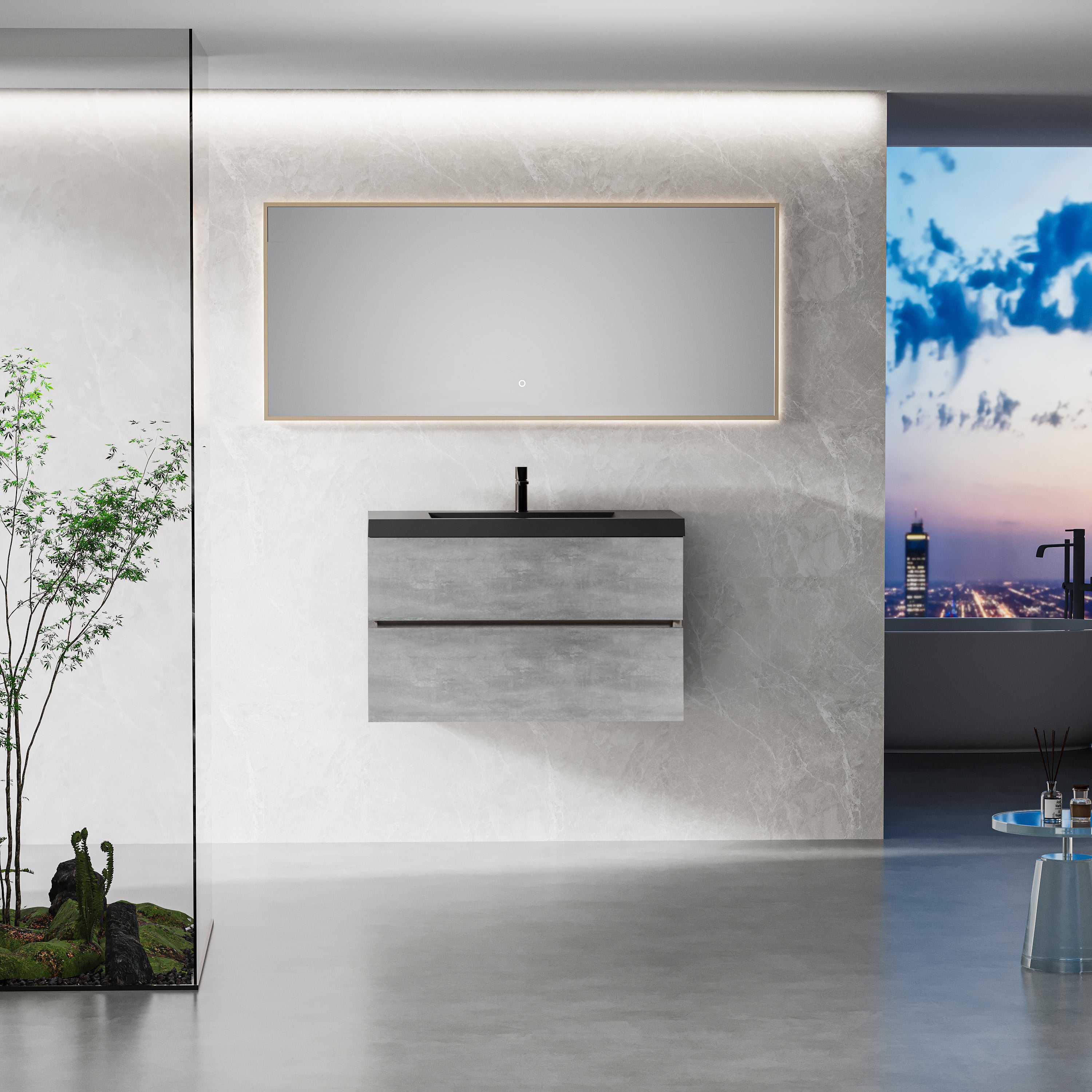 36' Floating Bathroom Vanity with Sink, Modern Wall-Mounted Bathroom Storage Vanity Cabinet with Black Quartz Sand Top Basin and Soft Close Drawers, EDI-Series Cement Grey 24V12-36GR