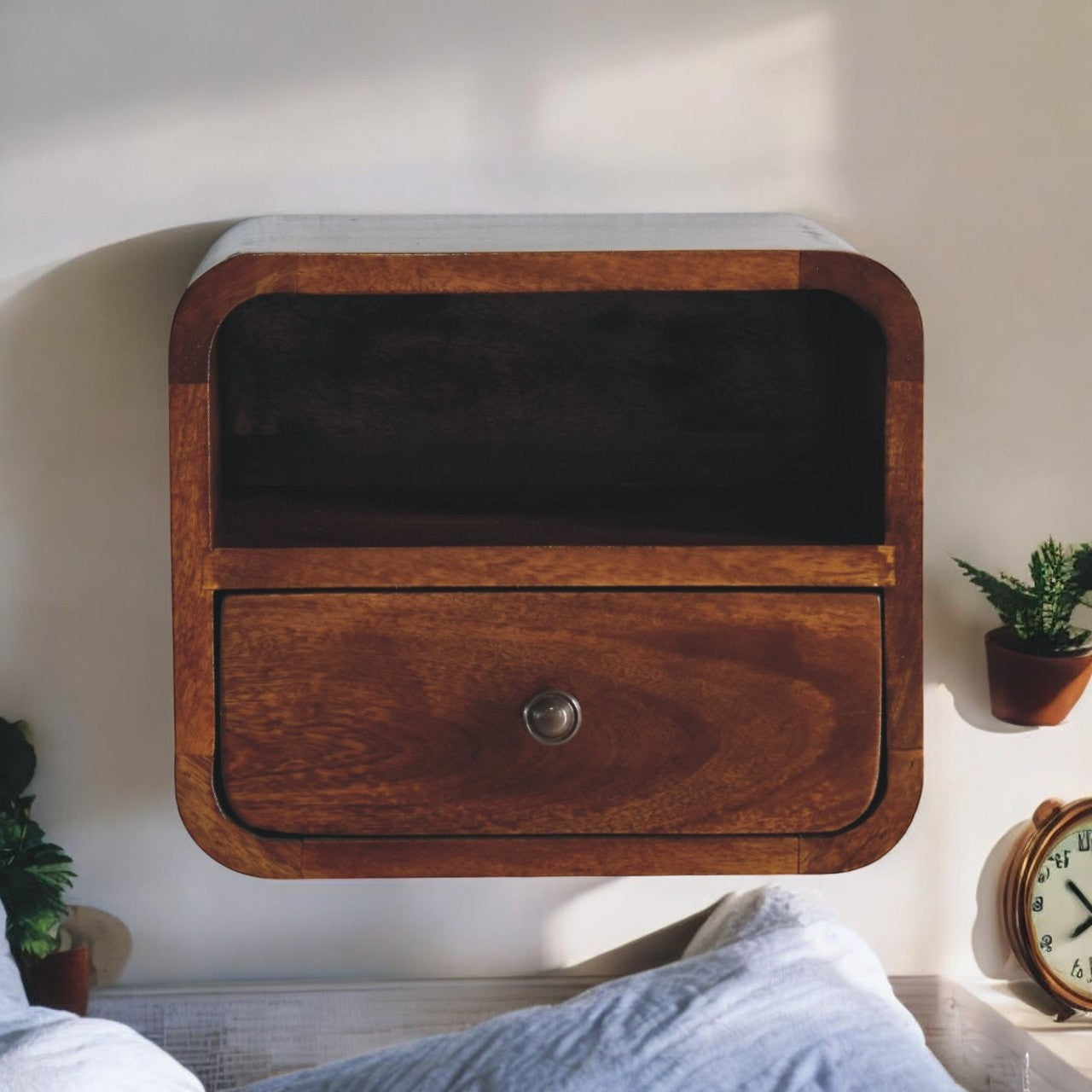 Extra Mini Wall-Mounted Curved Chestnut Nightstand, Open Slot, 1-Drawer