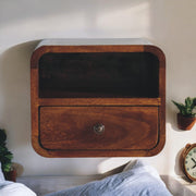 Extra Mini Wall-Mounted Curved Chestnut Nightstand, Open Slot, 1-Drawer