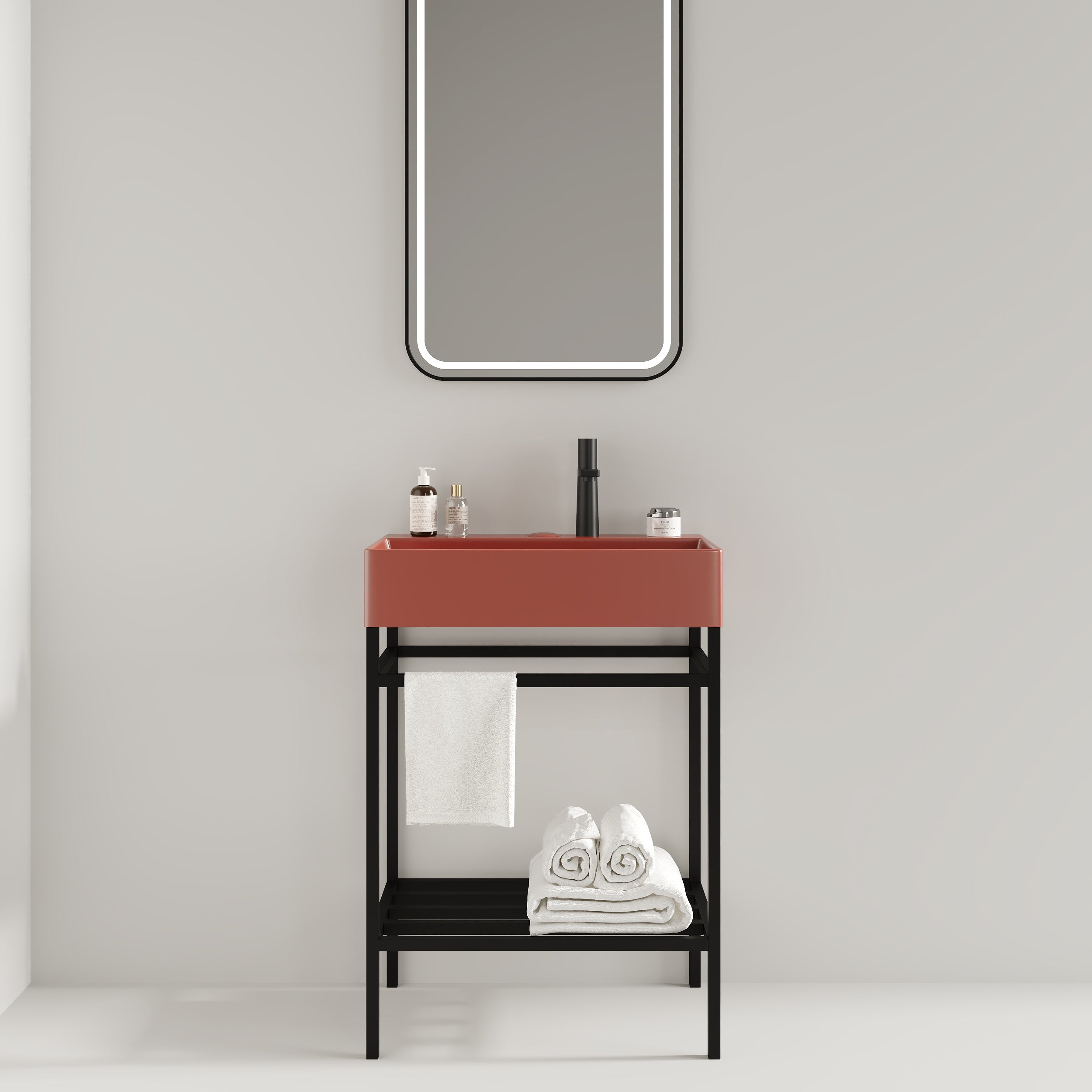 LOFI 24' Bathroom Vanity with Ceramic Basin, Freestanding Bathroom Console Sink Set, Glossy Red Rectangular Ceramic Basin without Faucet, Open Metal Leg, Storage Shelves, Black Color