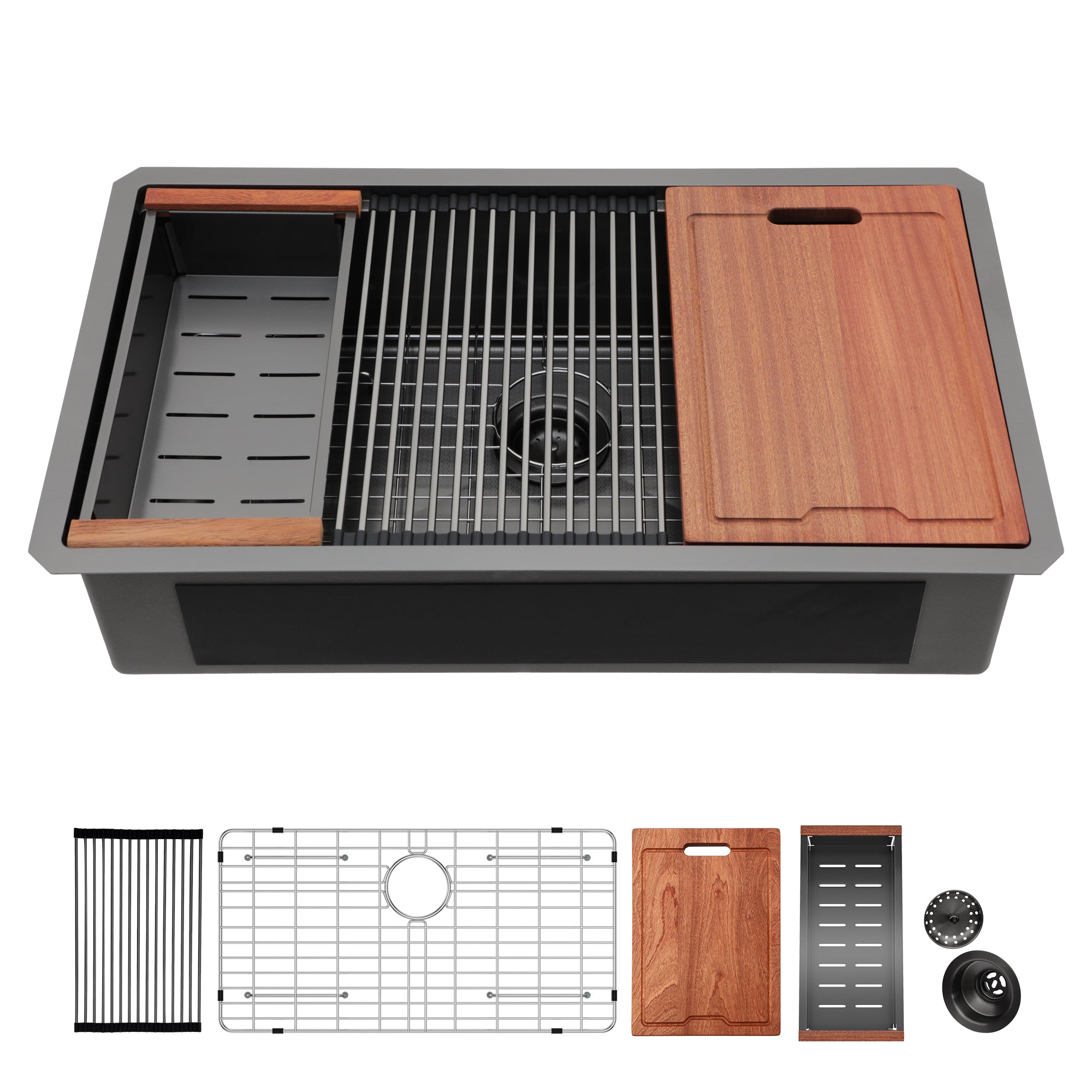 Gunmetal Black Undermount Kitchen Sink 33' - 16 Gauge Stainless Steel Ledge Workstation