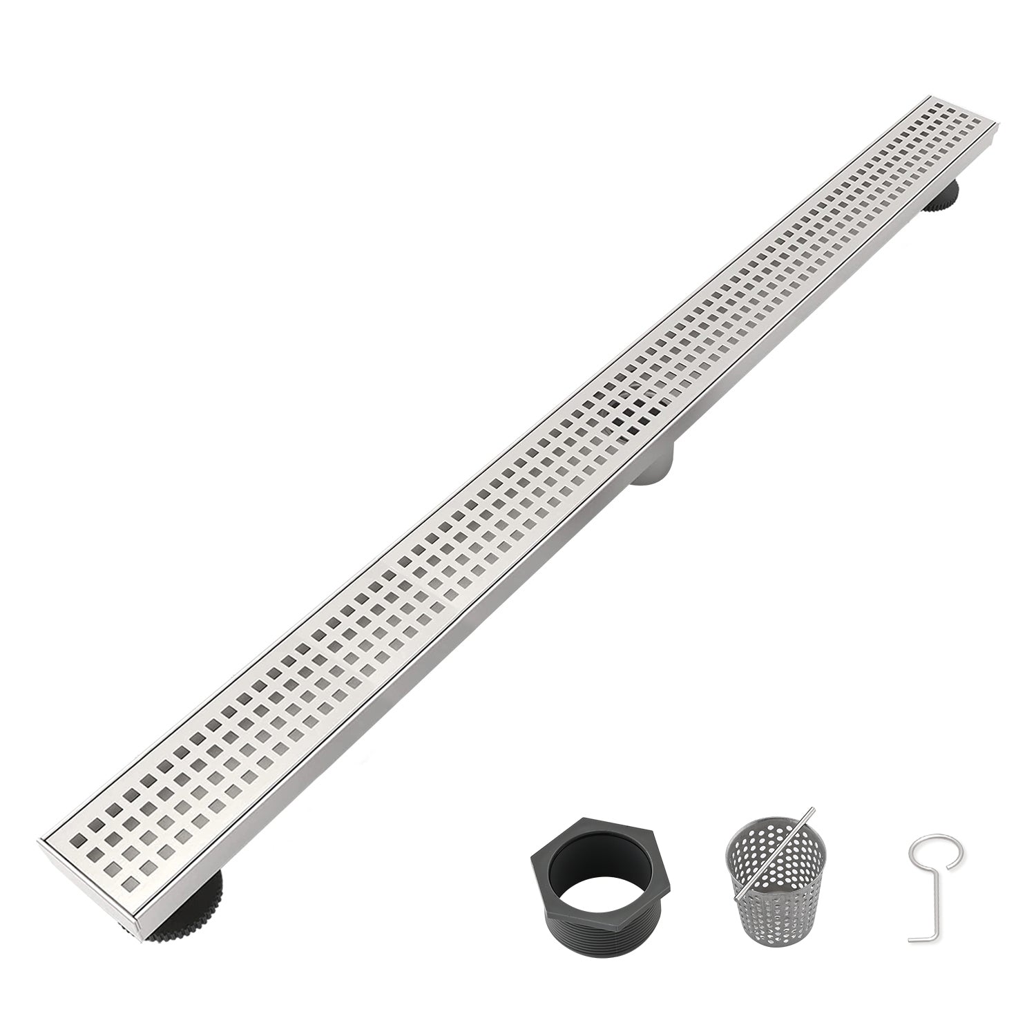 30 Inch Linear Shower Drain with Removable Quadrato Pattern Grate Cover, 304 Stainless Steel Shower Floor Drain with Hair Strainer and Leveling Feet