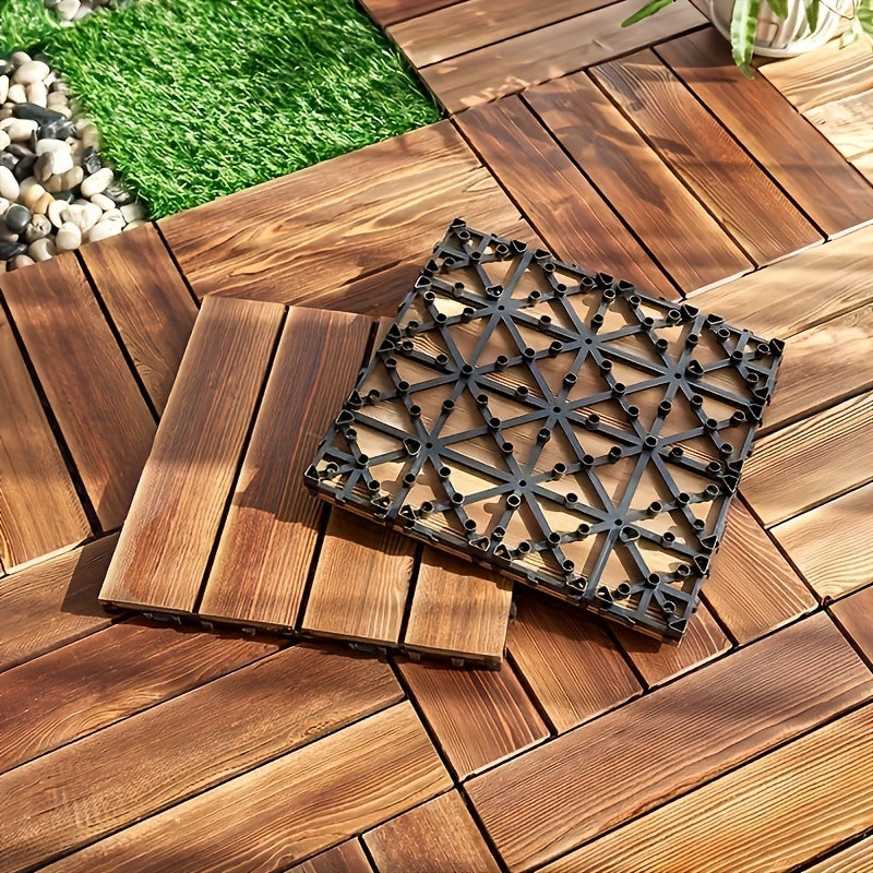 27pcs Natural Wood Interlocking Patio Deck Flooring - Outdoor Garden, Poolside, Wood Balcony, Indoor Solid Wood Flooring