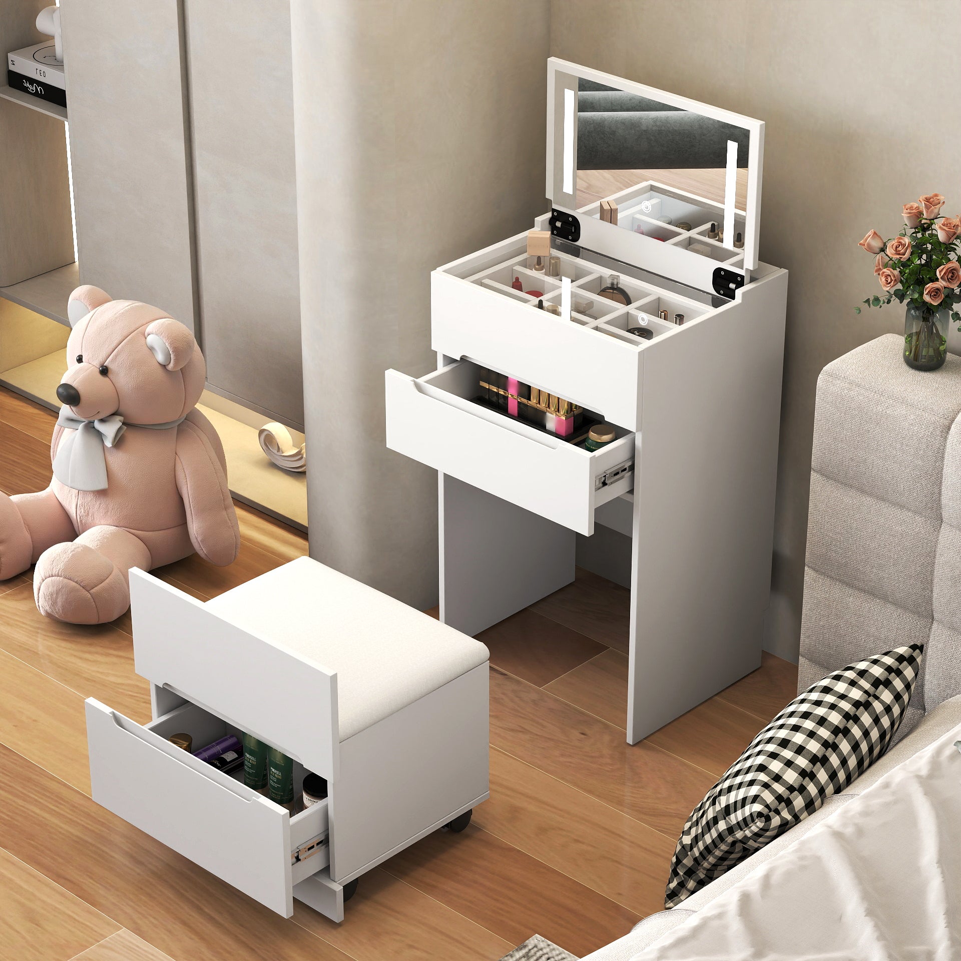 3 in 1 Vanity Desk with open Top Mirror,Small Make Up Vanity Set with Visible Glass Desktop,Compact Makeup Vanity with 3 Drawers,Dressing Table for Bedroom