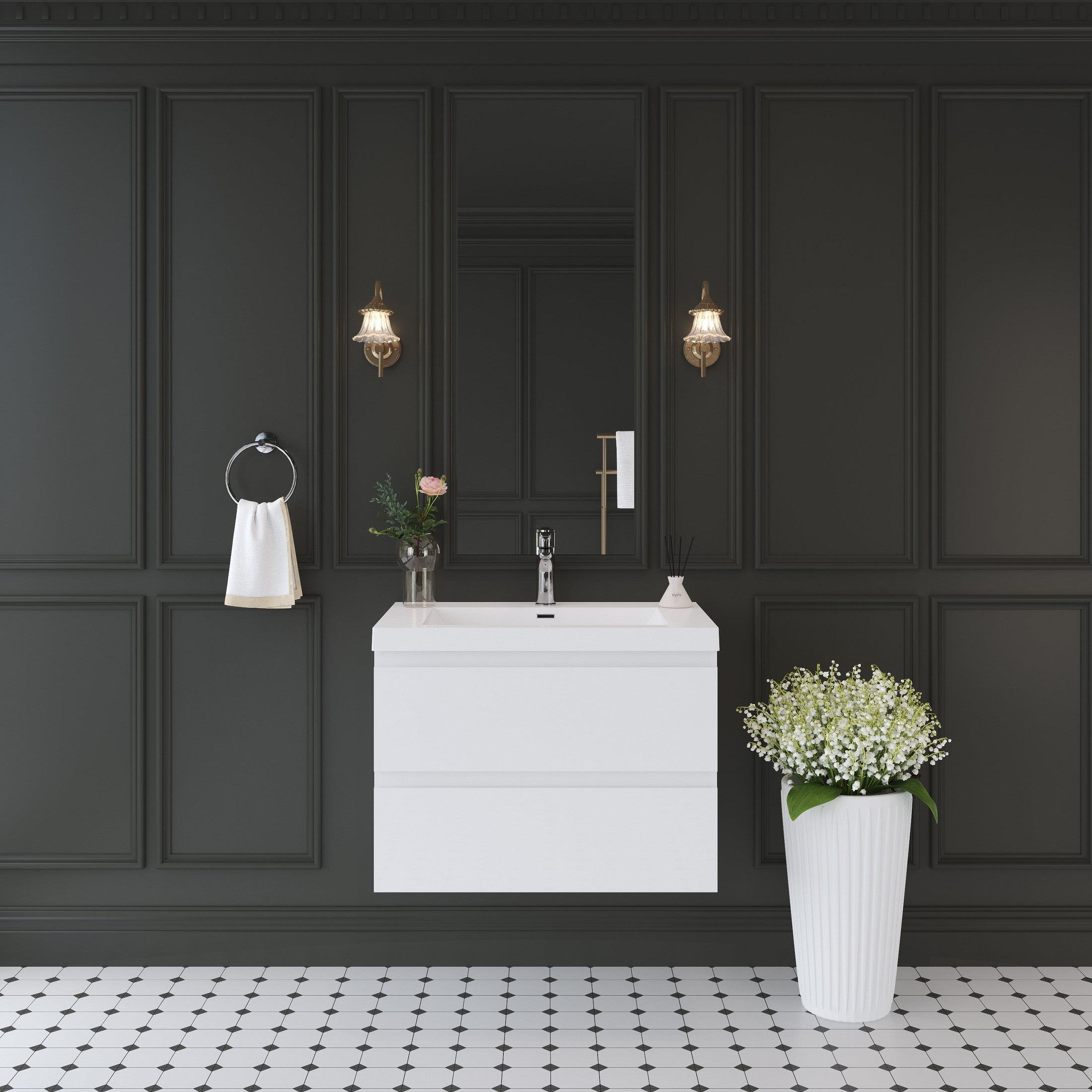 30' Floating Bathroom Vanity with Sink, Modern Wall-Mounted Bathroom Storage Vanity Cabinet with Solid Surface Top Basin and Soft Close Drawers, Glossy White 24V11-30GW