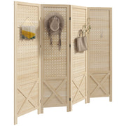 HOMCOM 4 Panel Pegboard Display Room Divider, 4.7' Tall Wood Indoor Portable Folding Privacy Screen, Partition Wall Divider for Home Office, Natural