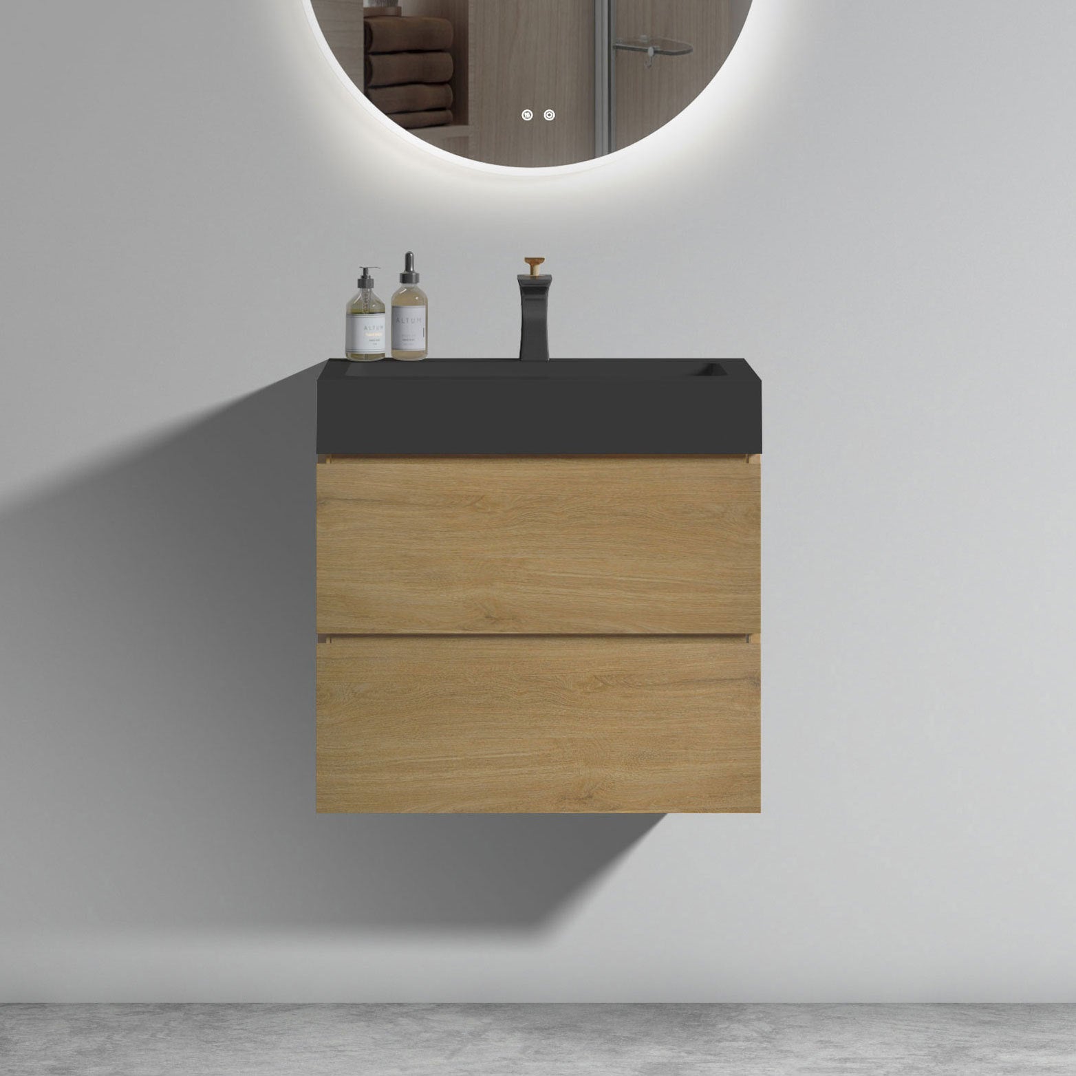 U090-Alice24W-106 Alice 24' Natural Oak Bathroom Vanity with Sink, Large Storage Wall Mounted Floating Bathroom Vanity for Modern Bathroom, One-Piece Black Sink Basin WITHOUT Drain, Pre-assembled