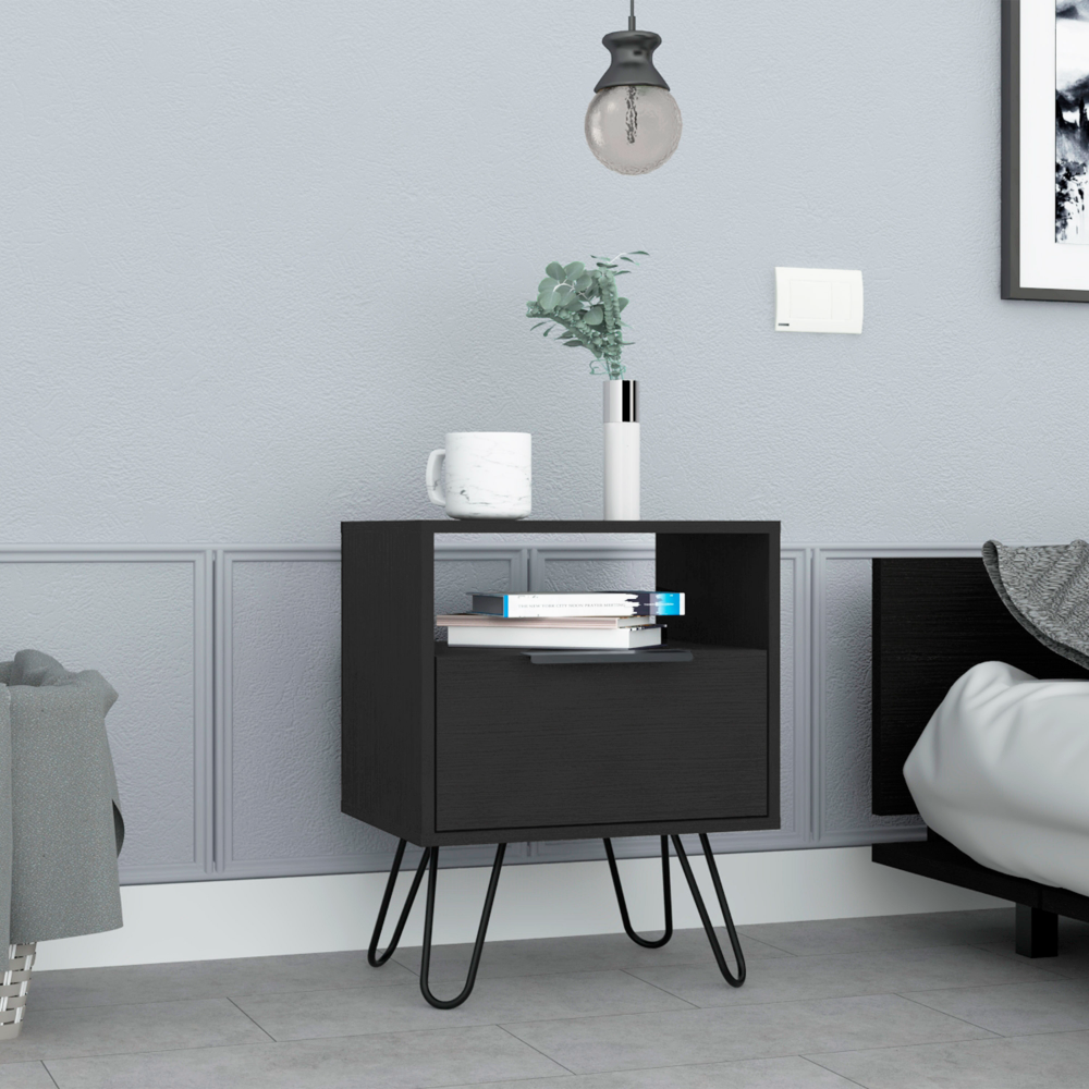 Nightstand 22'H, One Open Shelf, Single Door Cabient, Hairpin Legs, Black