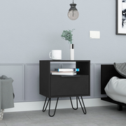 Nightstand 22'H, One Open Shelf, Single Door Cabient, Hairpin Legs, Black