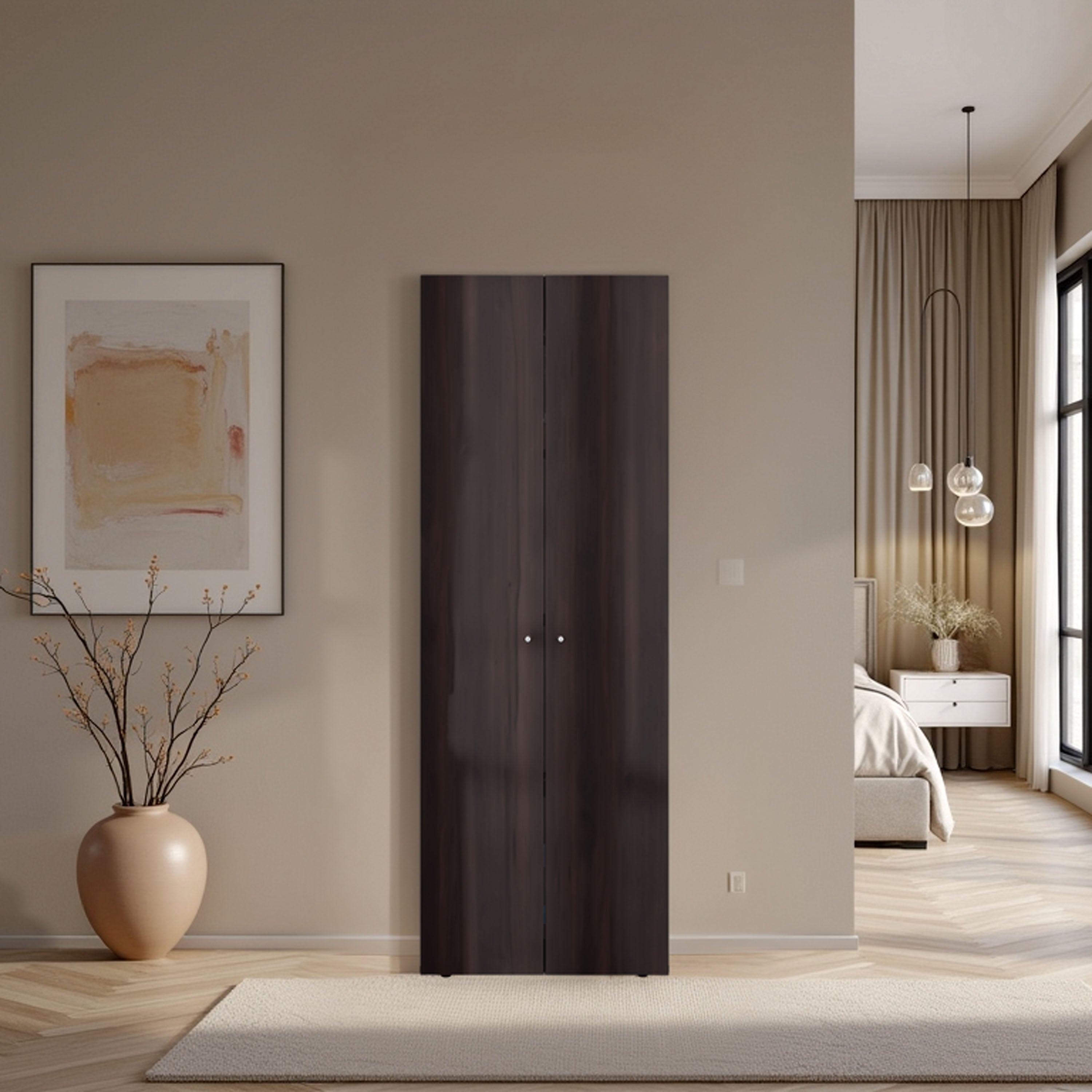 Home 2 Door Closet System, Four Fixed Shelves, Compact Wardrobe for Bedroom Organization, Laundry Room Organization, Utility Room Organization, Freestanding Storage Furniture, Stained Walnut