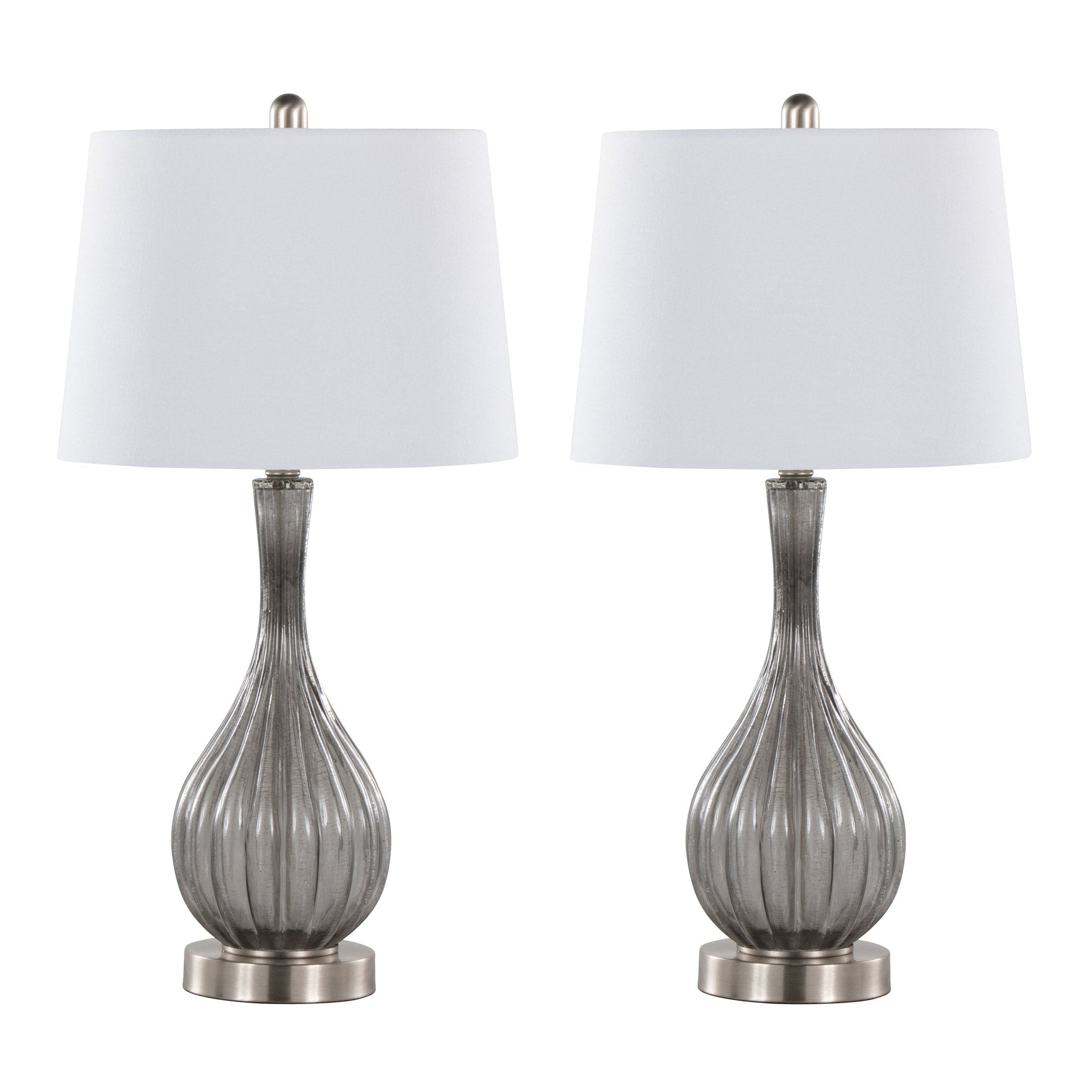 Jenny 27' Contemporary Glass Table Lamp in Clear Smokey Crackle Glass, Brushed Nickel and White Linen Shade from Grandview Gallery by LumiSource - Set of 2