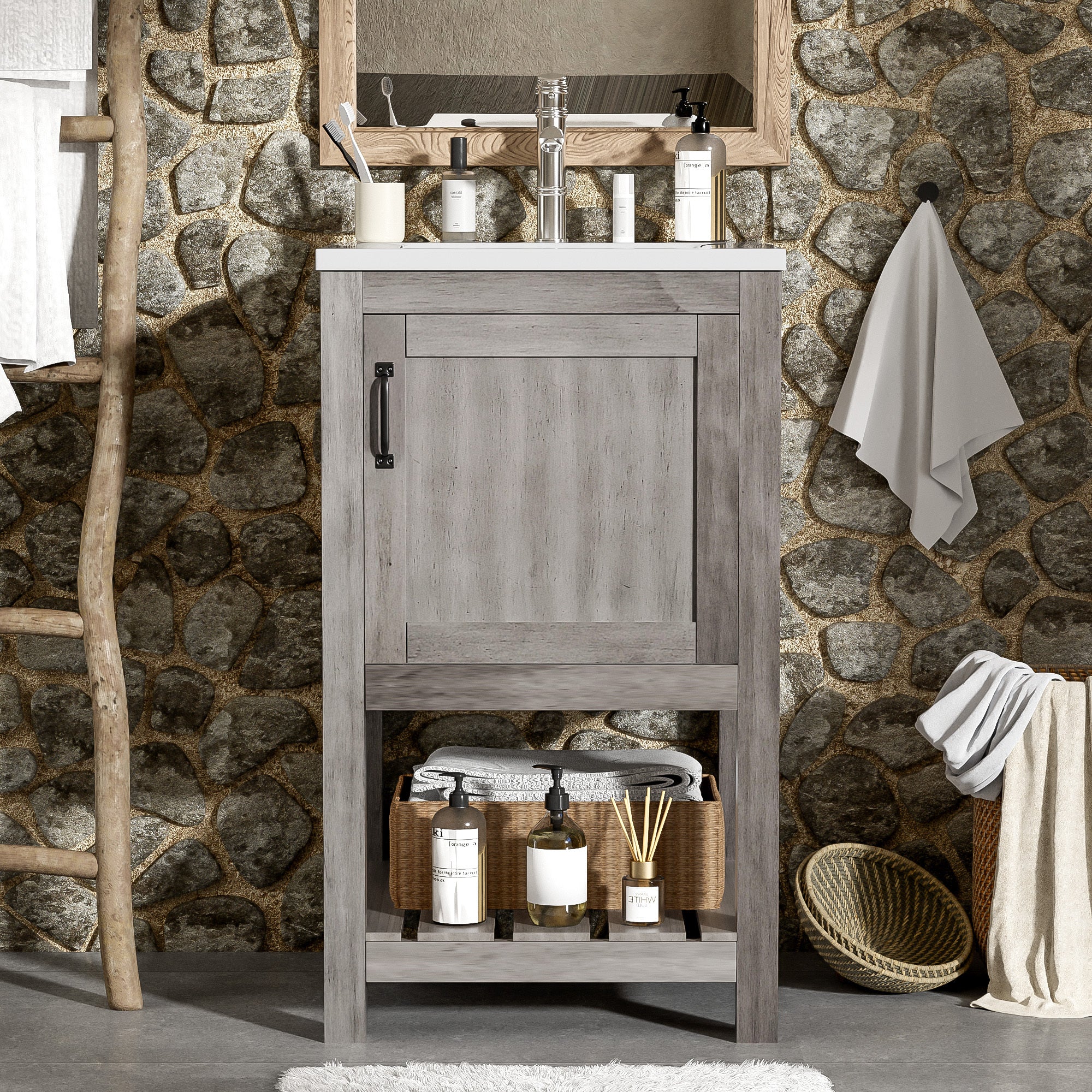 16' Bathroom Vanity Sink Combo for Small Space, Bathroom Sink Cabinet with Rectangular Ceramic Basin, Bathroom Vanities Cabinet with 1 Door and 1 Open Shelf