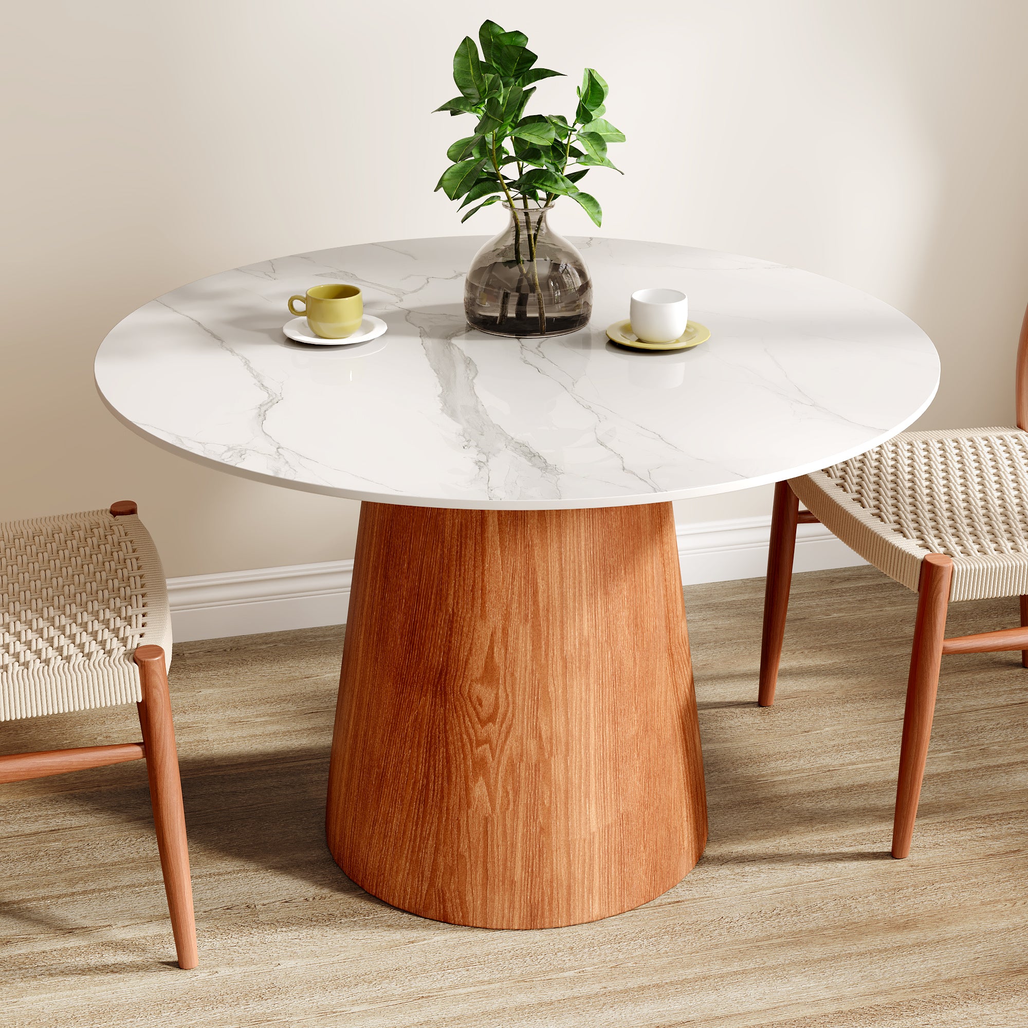 Small Round Solid Wood Pedestal Dining Table Table 43' For 2-4 Person -  White Grey