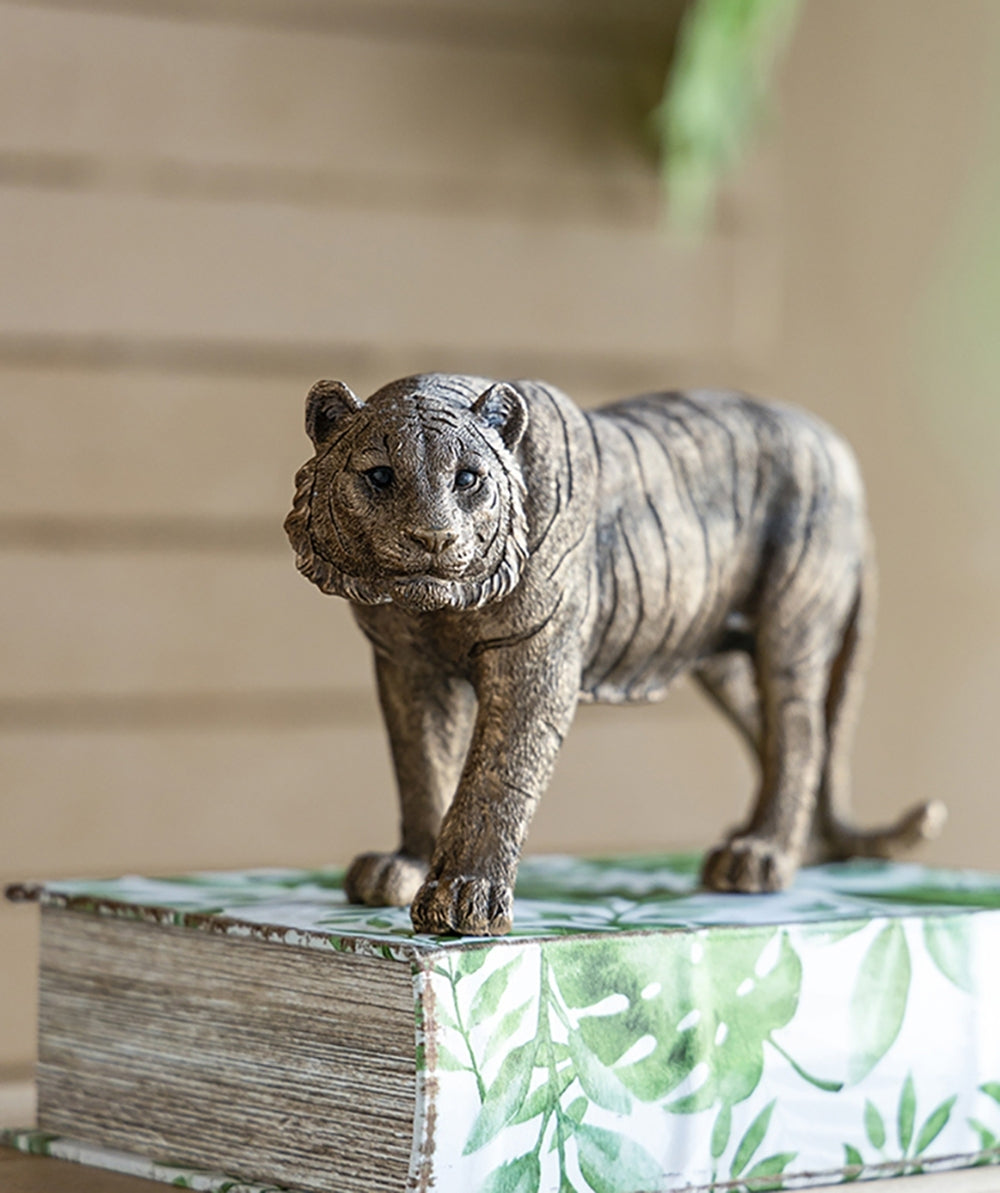 11.5x3.5x5.5' Tiger Statue Decor, Gleaming Coppery Finish