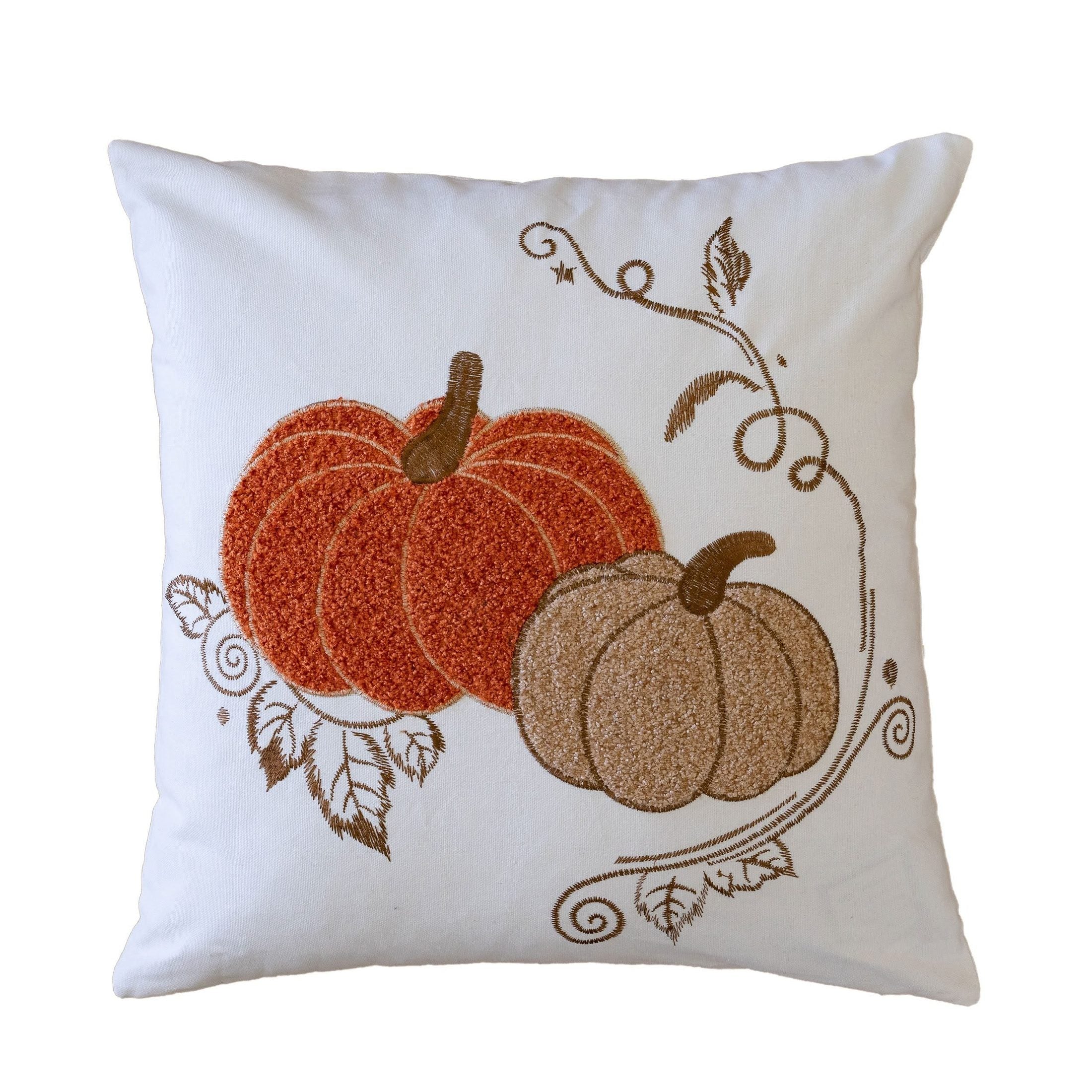 Pumpkin Embroidered Cotton Throw Pillow – Autumn Harvest Accent Cushion