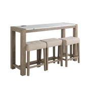 Vanilla Farmhouse Style Real Marble Sofa Table with Power Outlet and 3 Stools, Beige, Marble and Solid Wood, 62' Length