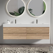 Grace 72'' Bathroom Vanity with Oak Engineered Quartz Sink and Soft Black Drawers, Wall Mounted Floating Bathroom Vanity for Modern Bathroom, One-Piece White Glossy
 Basin, KD