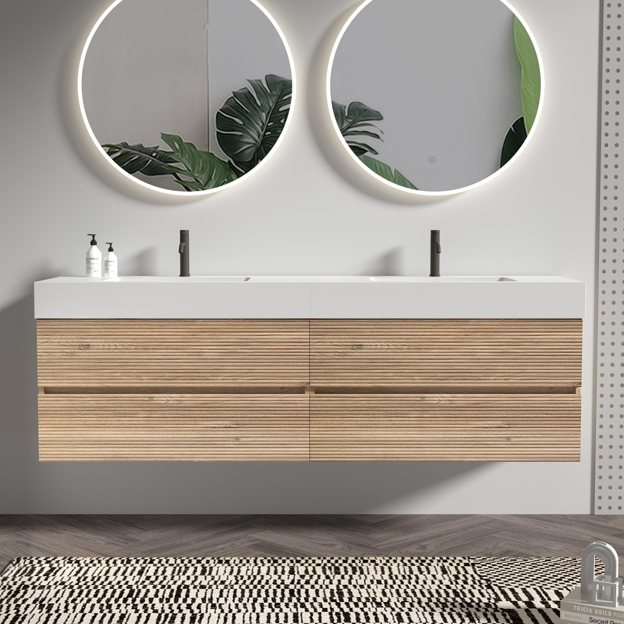 Grace 72'' Bathroom Vanity with Oak Engineered Quartz Sink and Soft Black Drawers, Wall Mounted Floating Bathroom Vanity for Modern Bathroom, One-Piece White Glossy
 Basin, KD