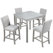 5 Piece Counter Height Table Set, Wooden Kitchen Table Set with Square Table and 4 Upholstered Chairs, Counter Height Dining Table with Crystal Decoration and Chair Set, Silver Grey