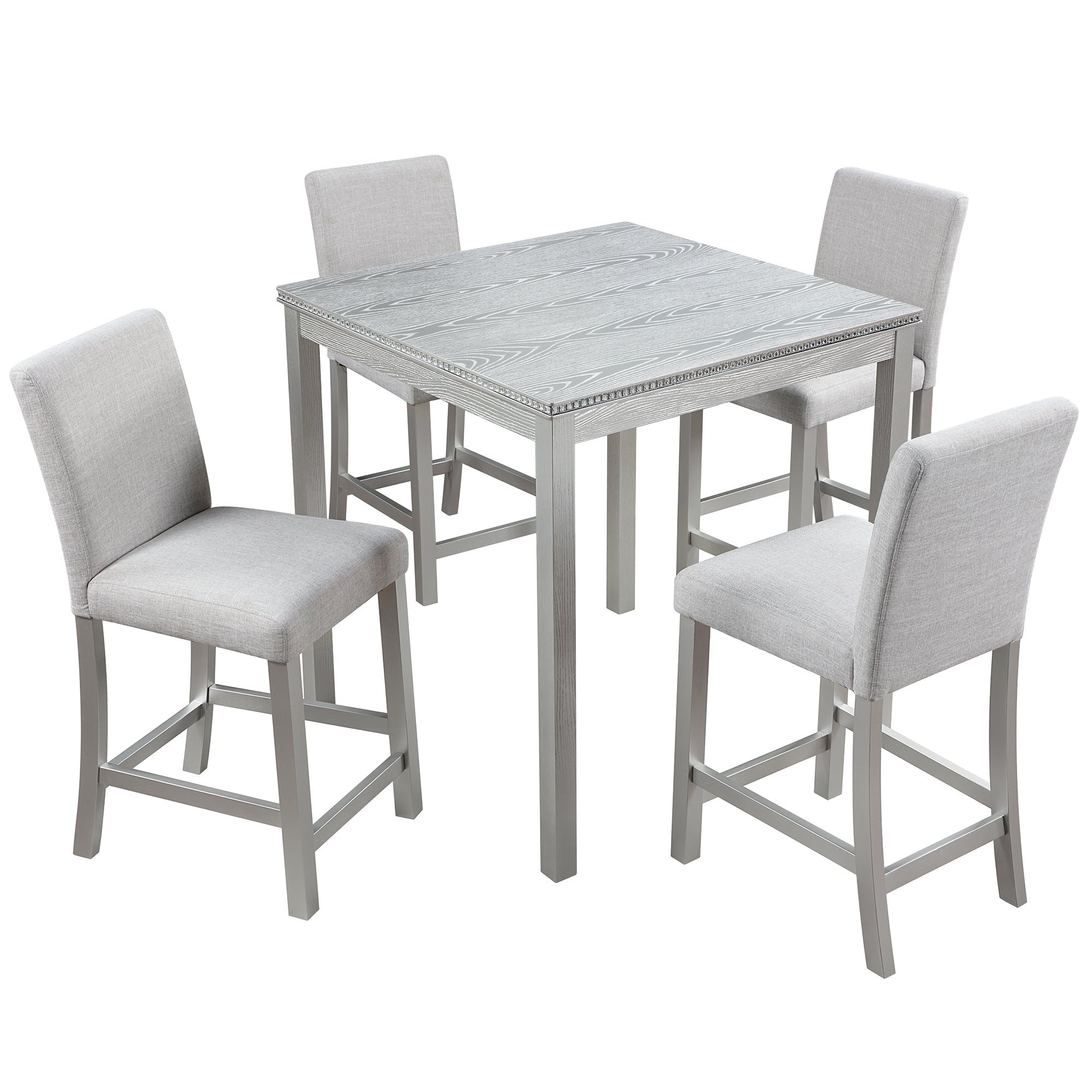 5 Piece Counter Height Table Set, Wooden Kitchen Table Set with Square Table and 4 Upholstered Chairs, Counter Height Dining Table with Crystal Decoration and Chair Set, Silver Grey