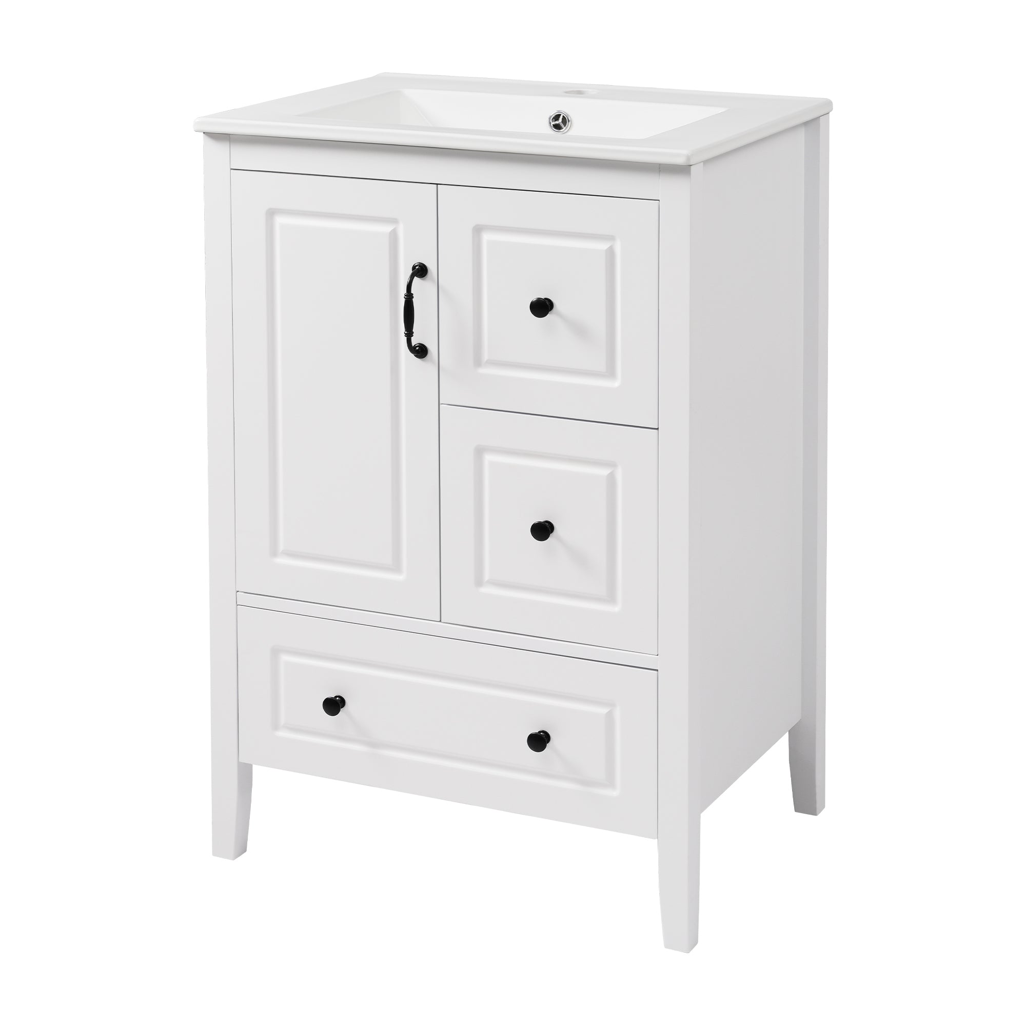 Retro 24-inch Bathroom Vanity with Sink, Soft-closing Cabinet & Drawers, MDF with Painted Finish & Ceramic Sink, White