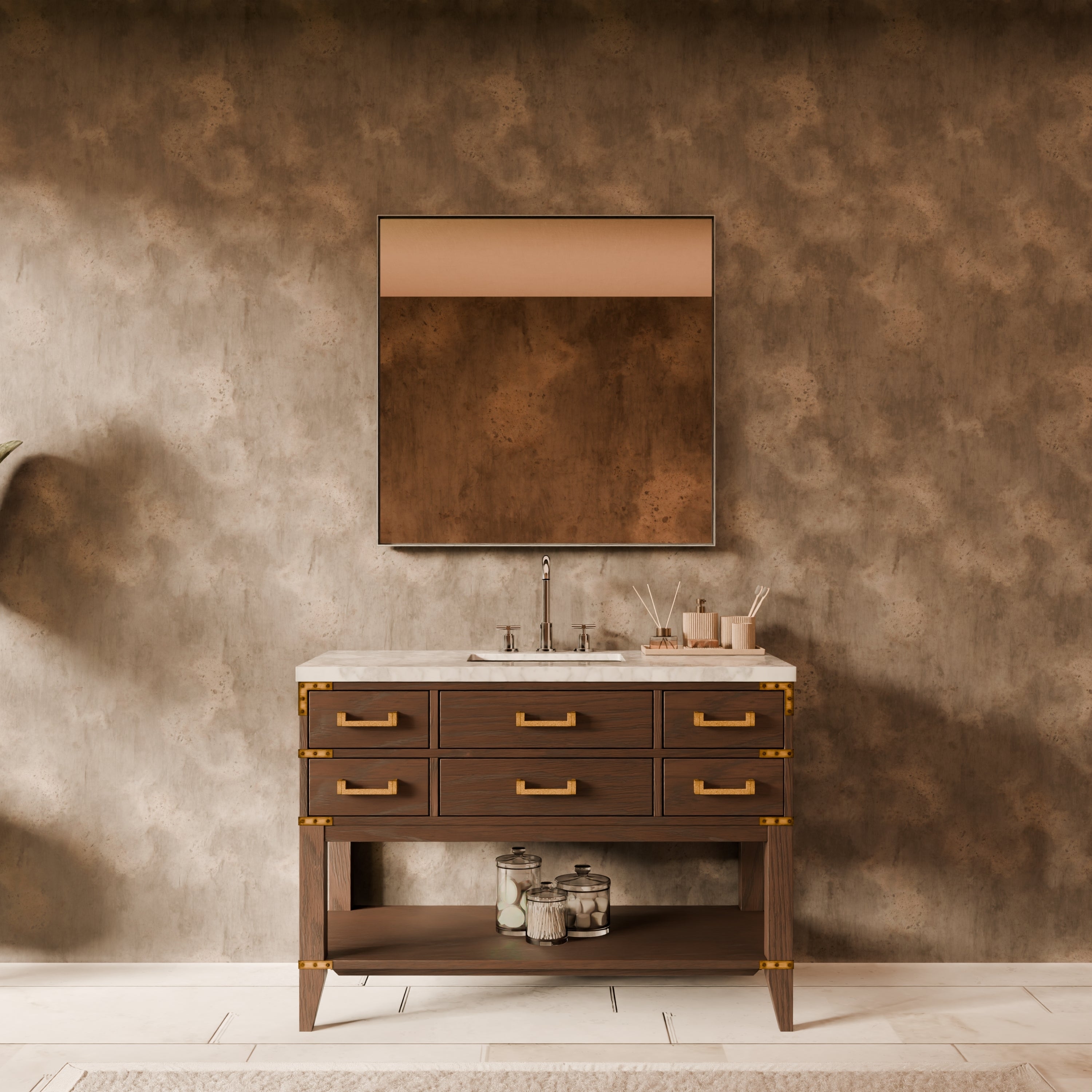 Brown Oak Single Bath Vanity 48 in. W x 22 in. D, Carrara Marble Top, and Faucet Set