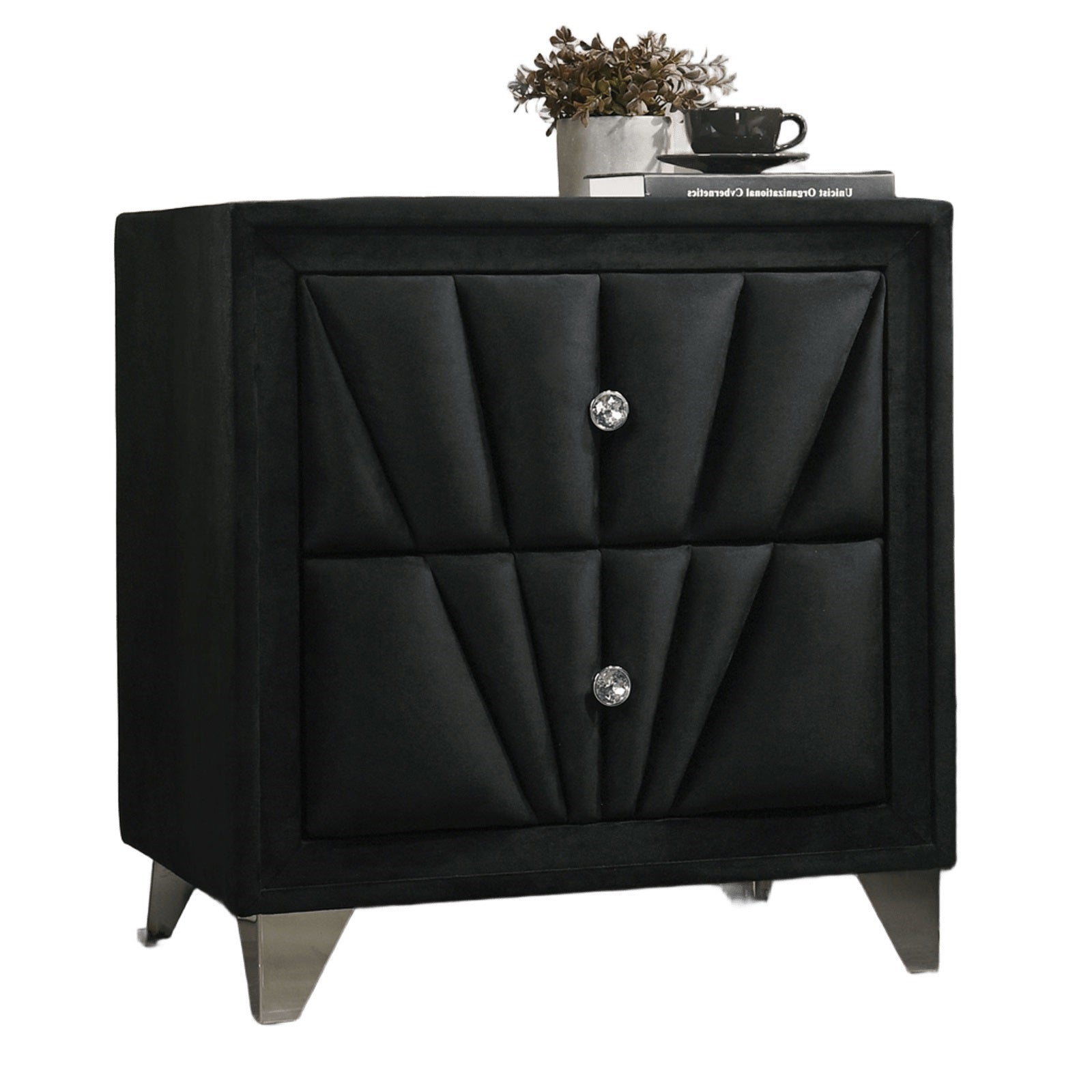 Fully Upholstered Frame 1pc Nightstand Black Fabric Crystal-like Acrylic Knobs Glass Top Chrome Legs