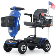Outdoor compact mobility scooter with windshield ,300W Motor, Travel - Long Range Power Extended Battery with Cup holders , Storage Bag, Rear Basket & USB charger port, BLUE