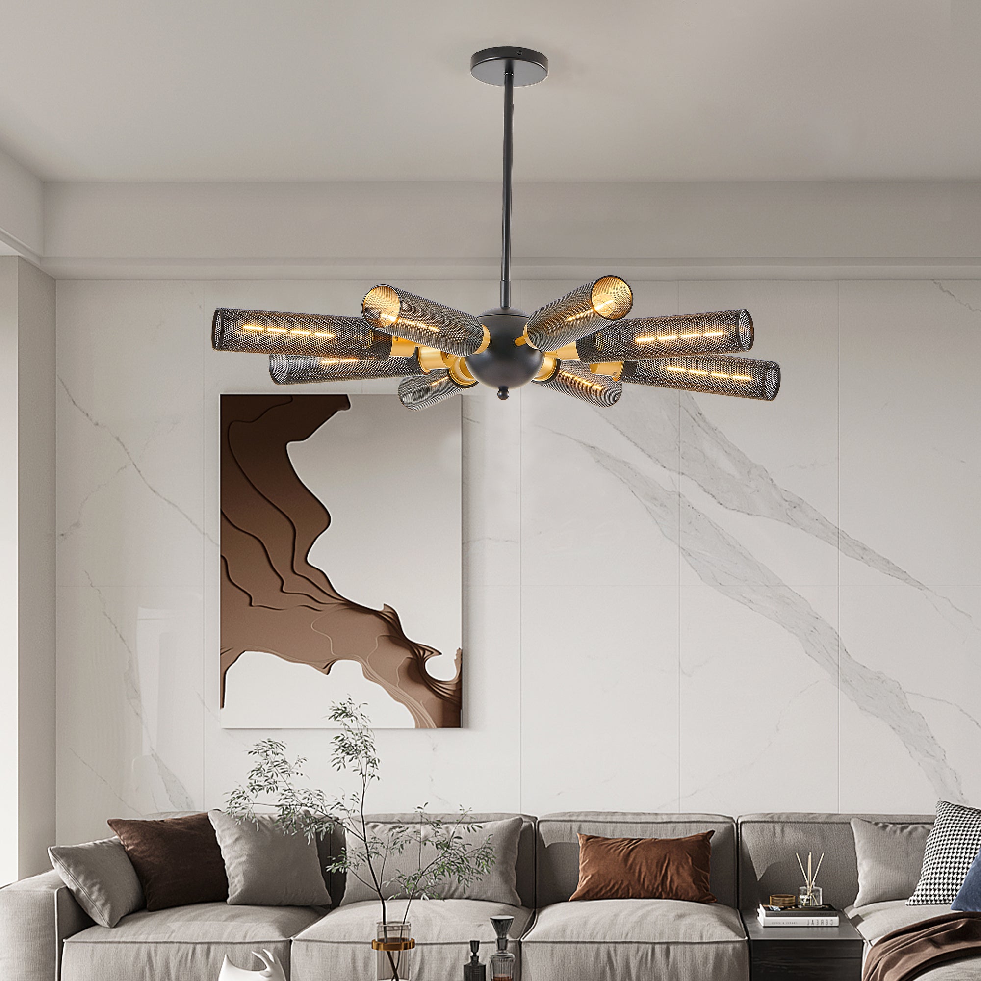 34' Modern Industrial Sputnik Chandelier, 8-Light Black and Gold Metal Pendant Light with Mesh Shades, E26 Base, Adjustable Height for Dining Room, Living Room, or Kitchen Island (Bulb Not Included)