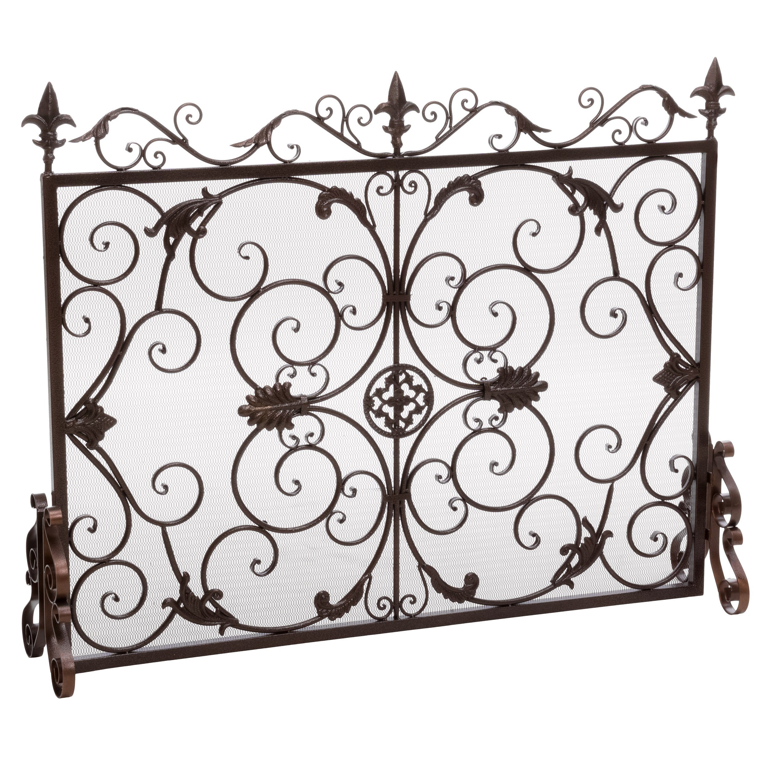 Darcie Wrought Iron Fireplace Screen Gold Finish Ornate Design 44.5 x 9.75 x 35 inches