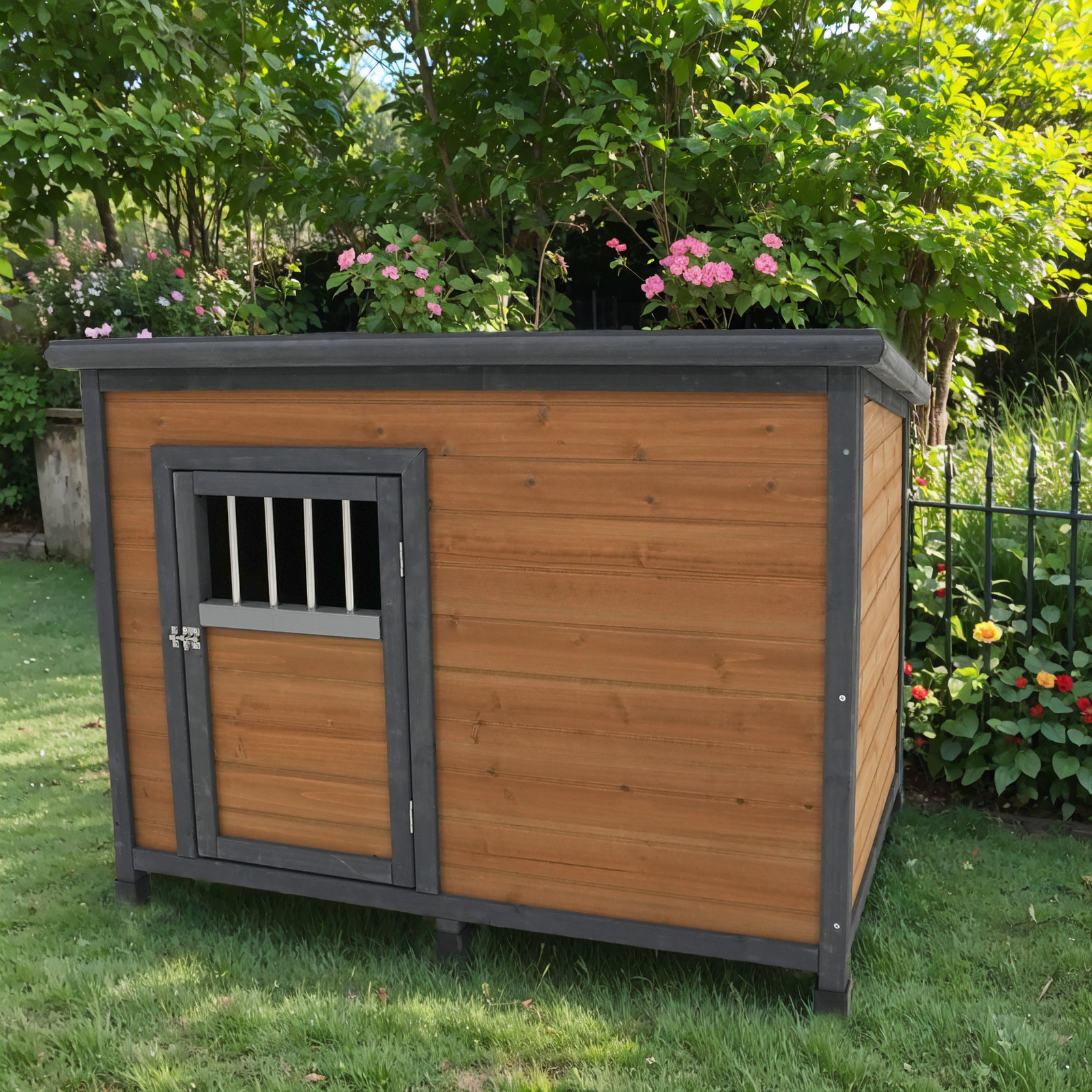 45'large solid wood dog house, waterproof PVC plastic roof, breathable wooden doors