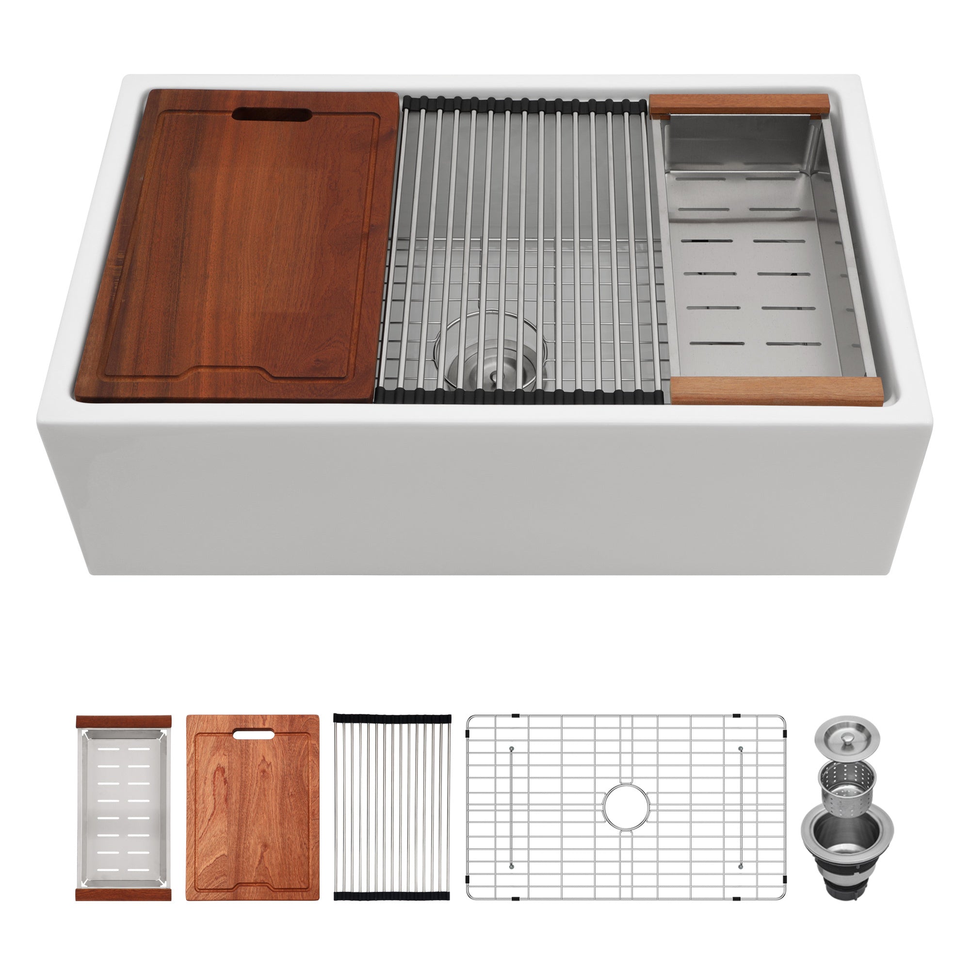 White Farmhouse Sink Workstation - 30 x 20 inch Ceramic Single Bowl Kitchen Sink with Accessories