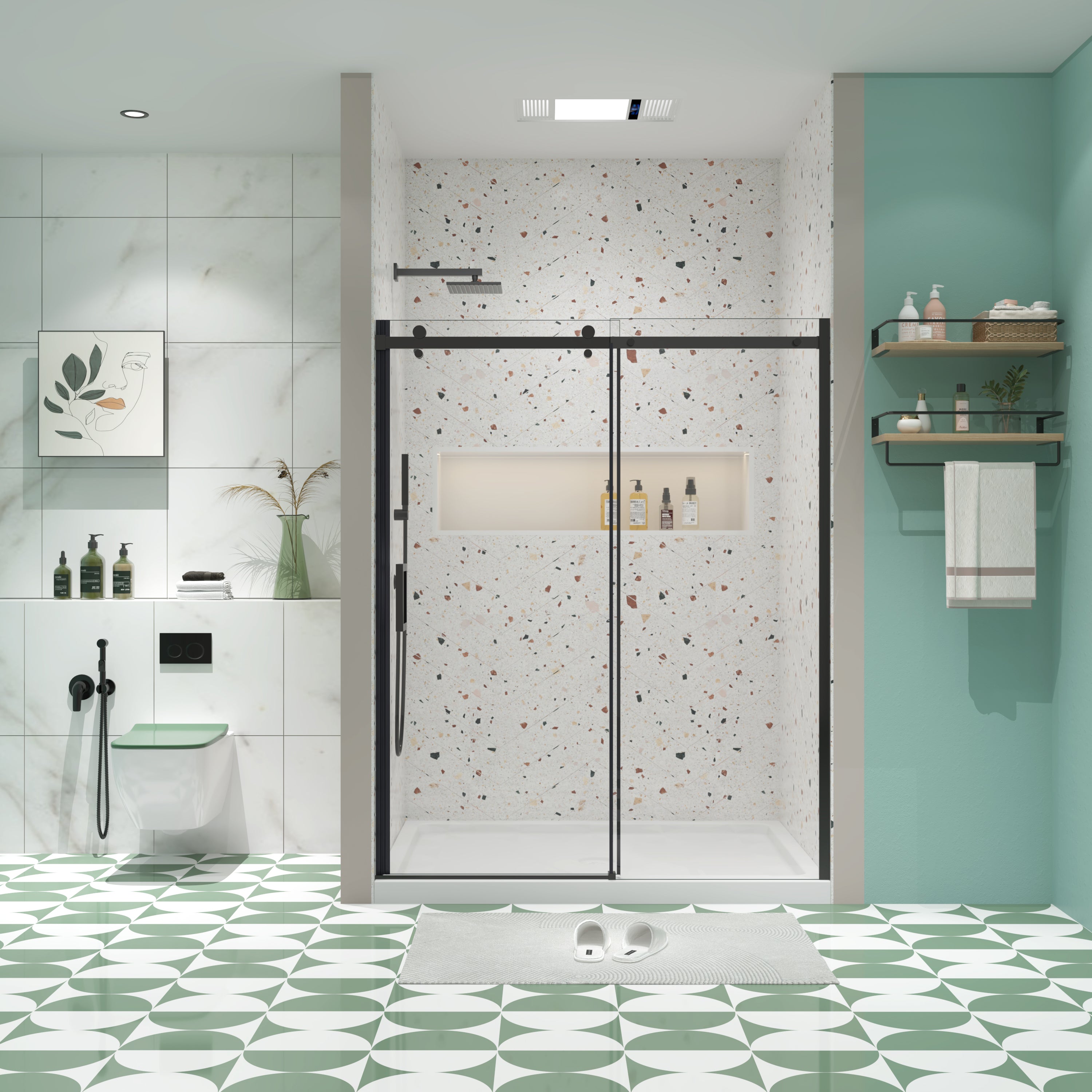 Glass shower door, sliding door, with 5/16' tempered glass and Matted Black  finish 6074