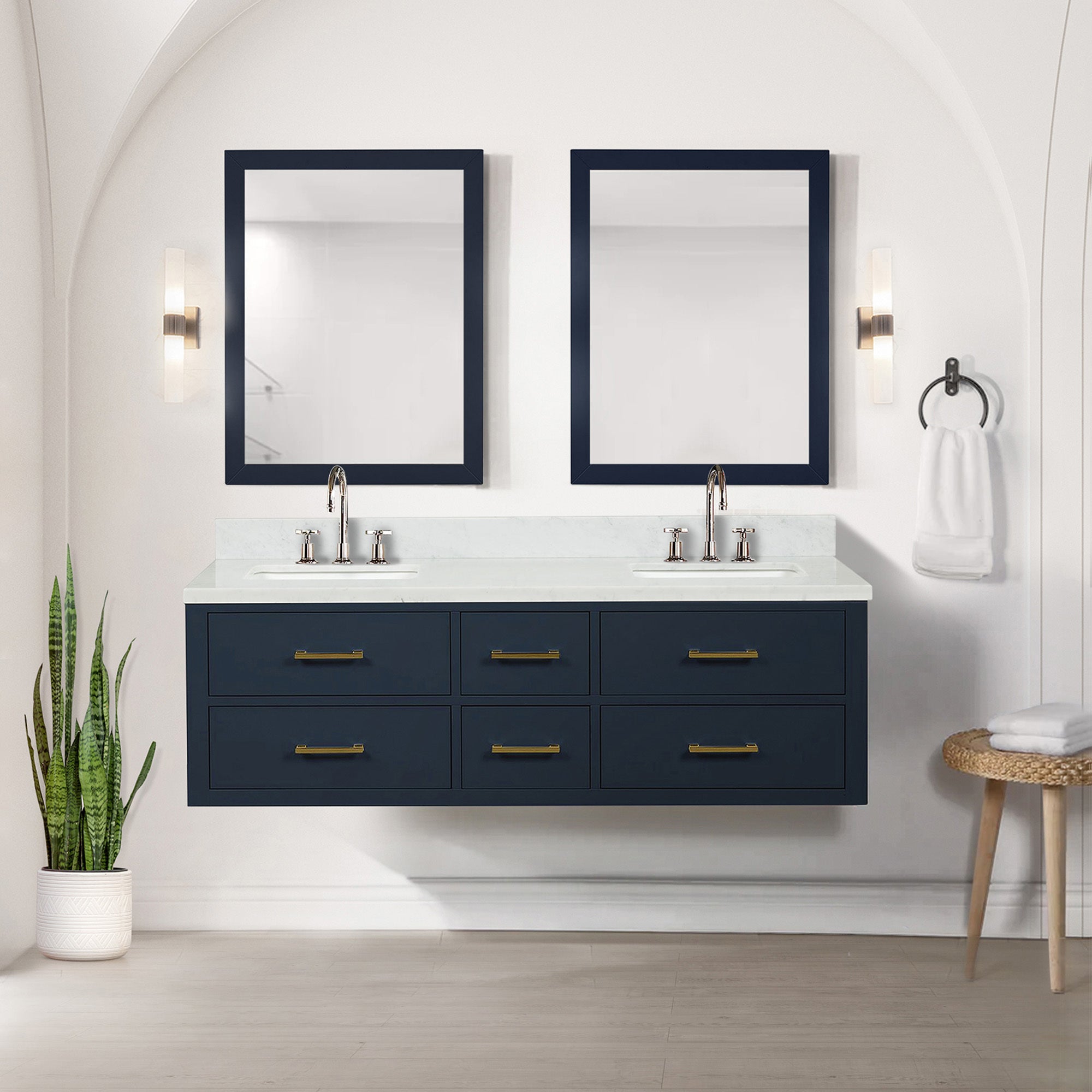 Blue Double Bath Vanity 60 in. W x 22 in. D, White Quartz Top, and Faucet Set
