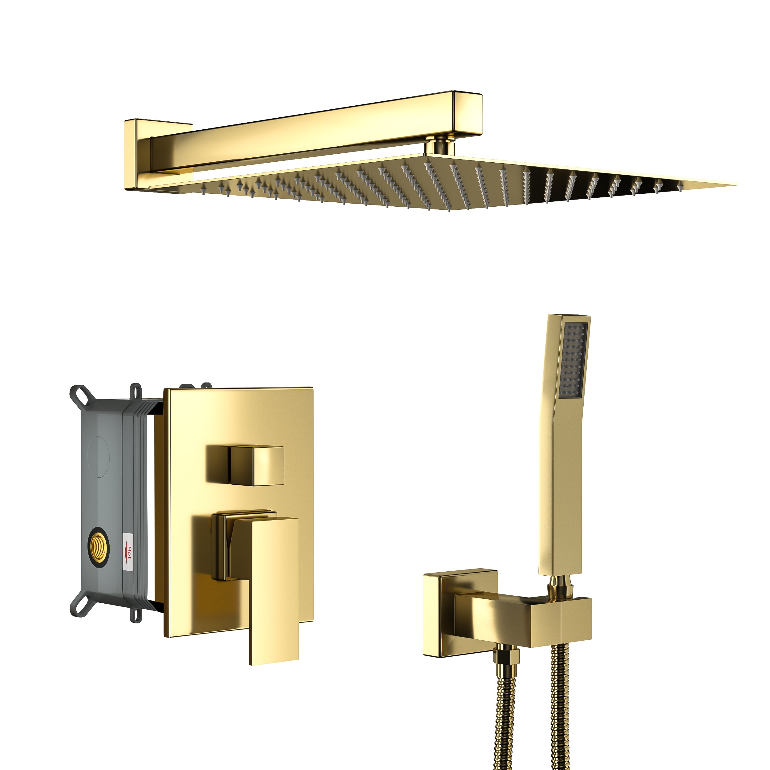 Gold Dual Shower Head - 10 Inch Wall Mounted Square Shower System with Stainless Steel & Brass Construction