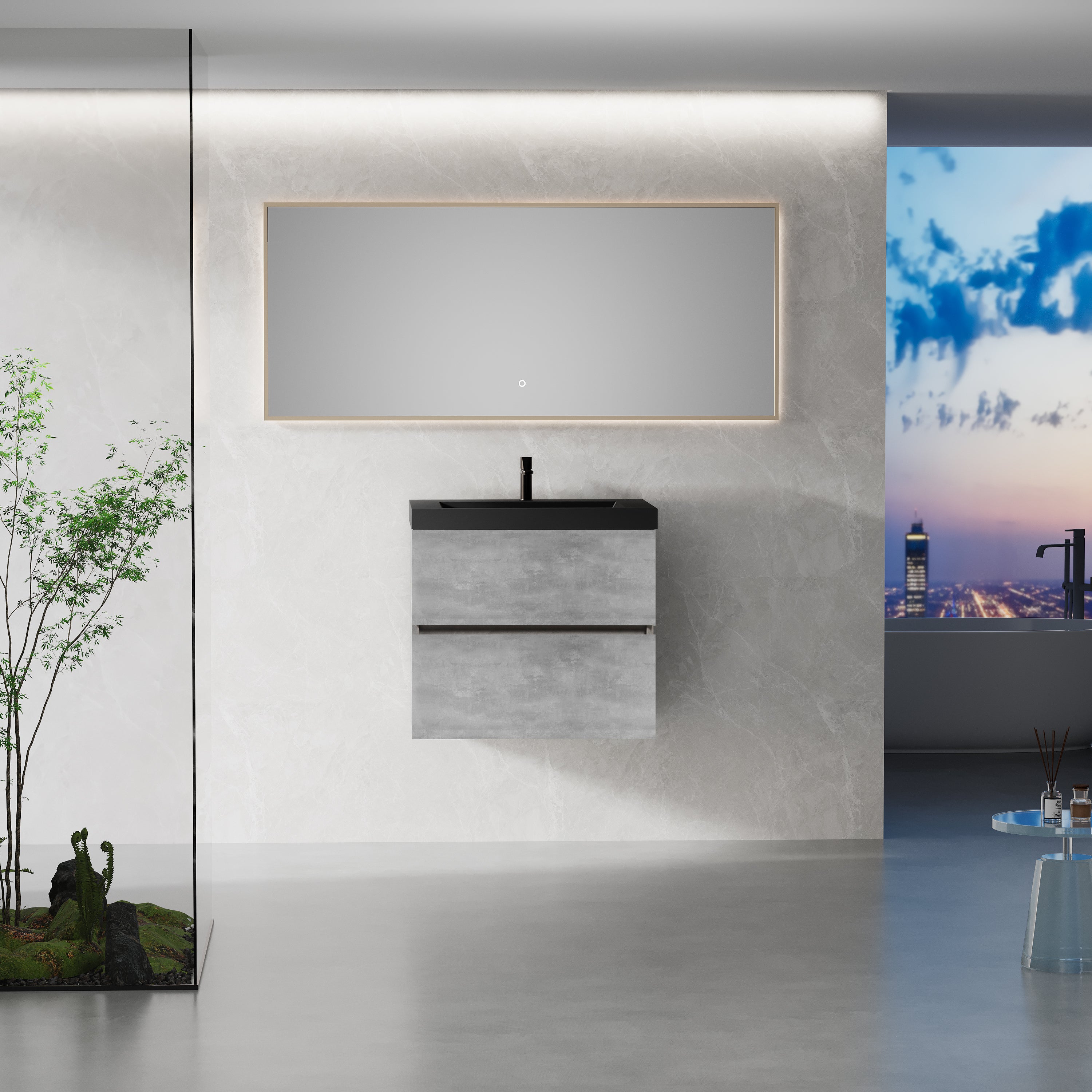 24' Floating Bathroom Vanity with Sink, Modern Wall-Mounted Bathroom Storage Vanity Cabinet with Black Quartz Sand Top Basin and Soft Close Drawers, EDI-Series Cement Grey 24V12-24GR