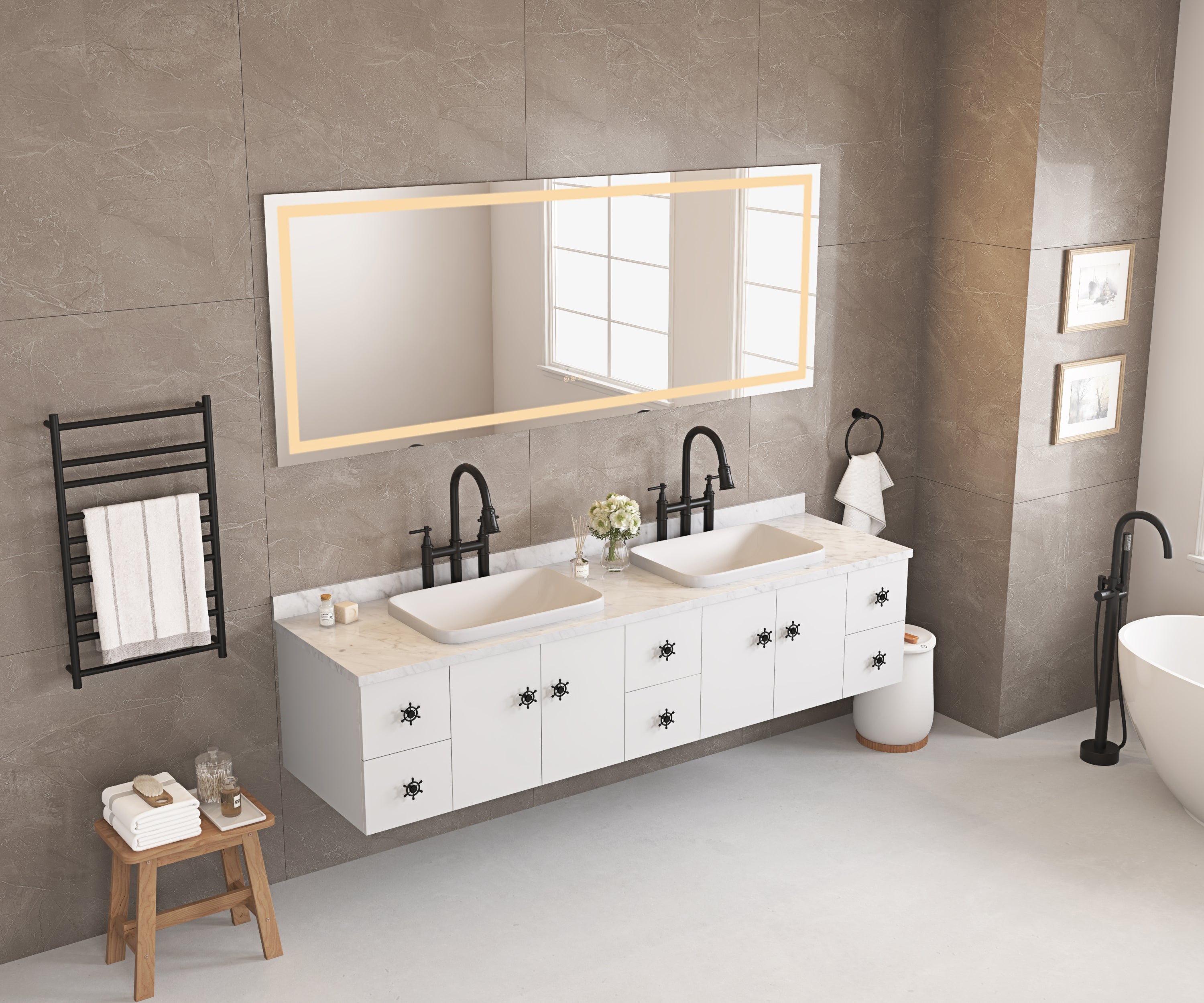 72*32 bathroom  led mirror is multi-functional and each function is controlled by a smart touch button.