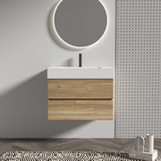 Grace 30   Rough Oak+Rough Oak Bathroom Vanity with White Engineered Quartz Sink and Soft Drawers, Wall Mounted Floating Bathroom Vanity for Modern Bathroom, One-Piece White Glossy Basin, KD