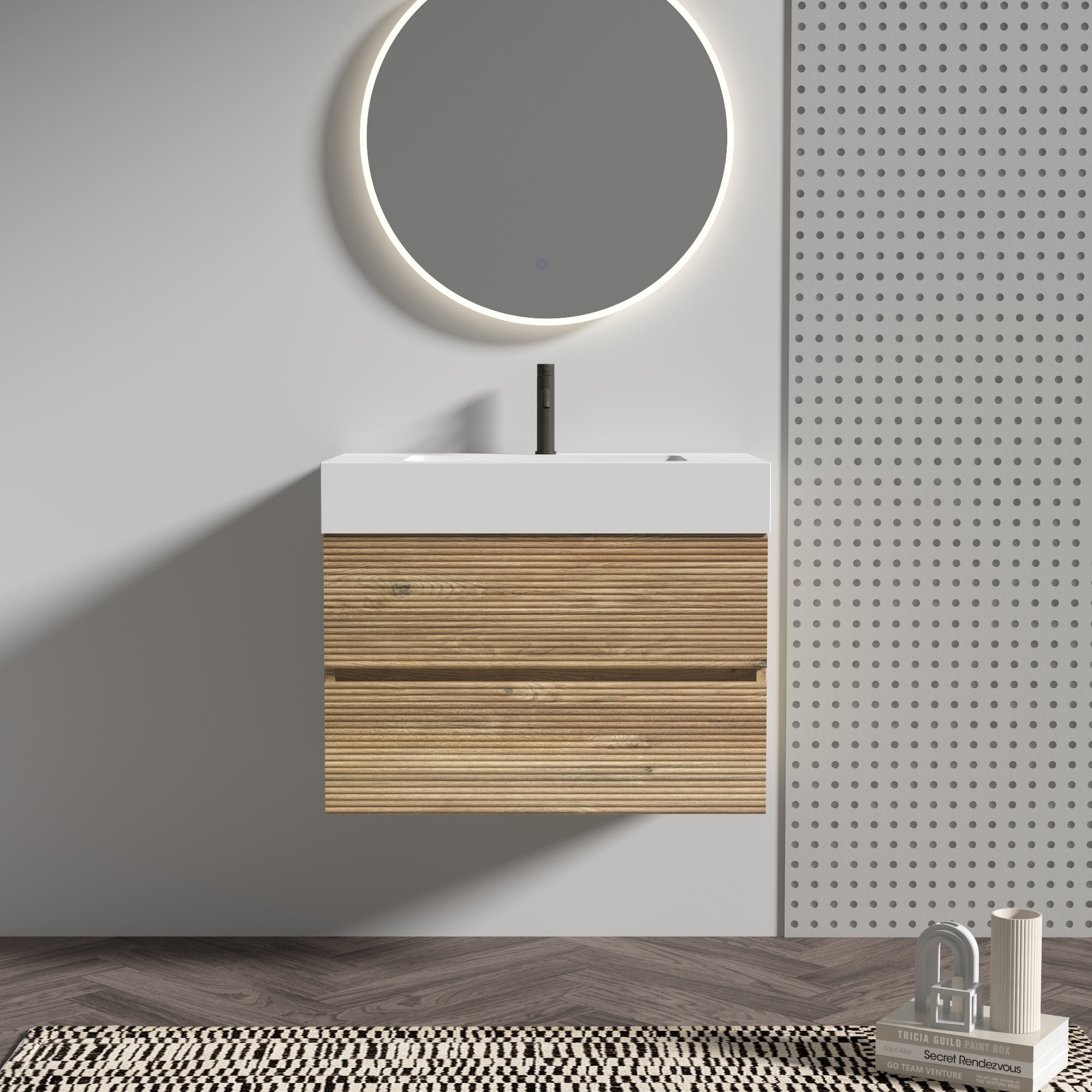Grace 30   Rough Oak+Rough Oak Bathroom Vanity with White Engineered Quartz Sink and Soft Drawers, Wall Mounted Floating Bathroom Vanity for Modern Bathroom, One-Piece White Glossy Basin, KD