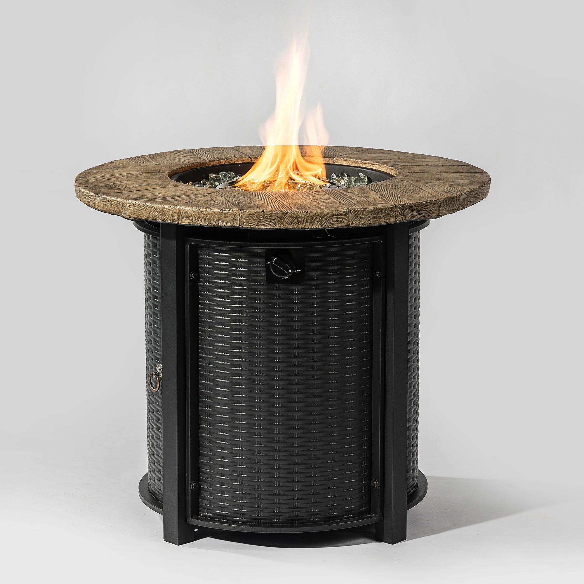 30' Propane Gas Fire Pit Table, 50000 BTU Round Steel Fire Pit with Imitation Wood Grain Finish for Outside Patio Deck Garden Backyard- Black
