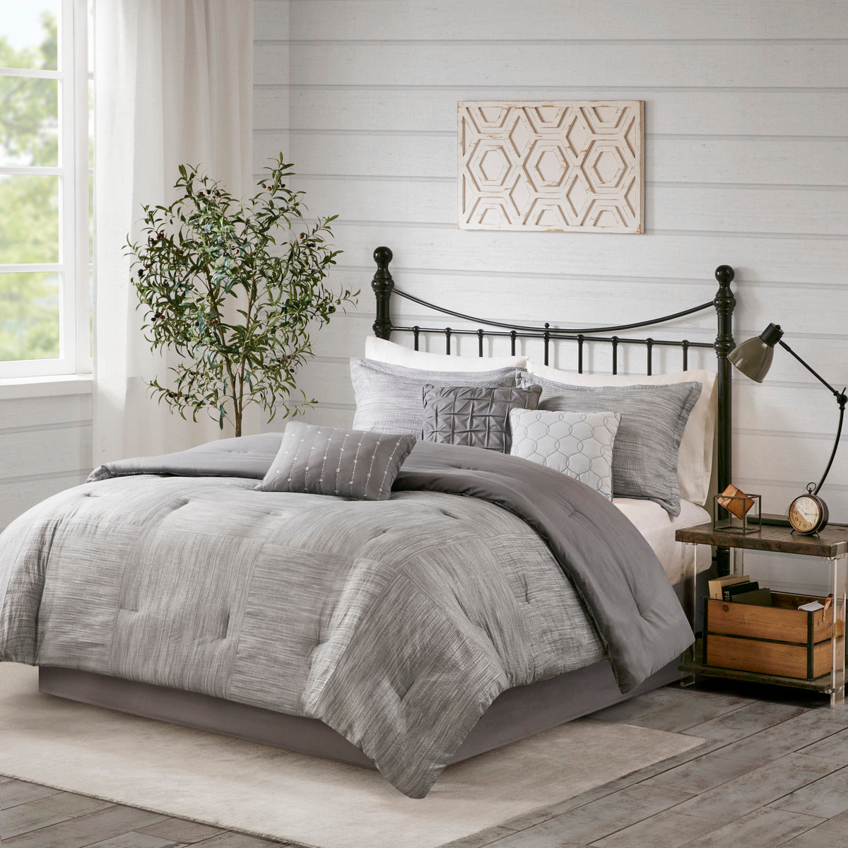7 Piece Printed Seersucker Comforter Set Grey Queen