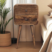 Solid Wood Mini Curved Grey Washed Nightstand, 2-Drawers, Nordic Legs, Brown