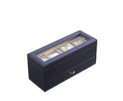 9.3' Long Tempered Glass and Leather Jewelry / Watch Display with Drawers, Blue