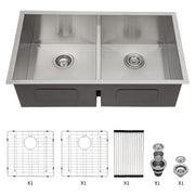 Brushed Nickel Double Bowl Undermount Kitchen Sink 33'x19' with 16 Gauge Stainless Steel and Deep Basins