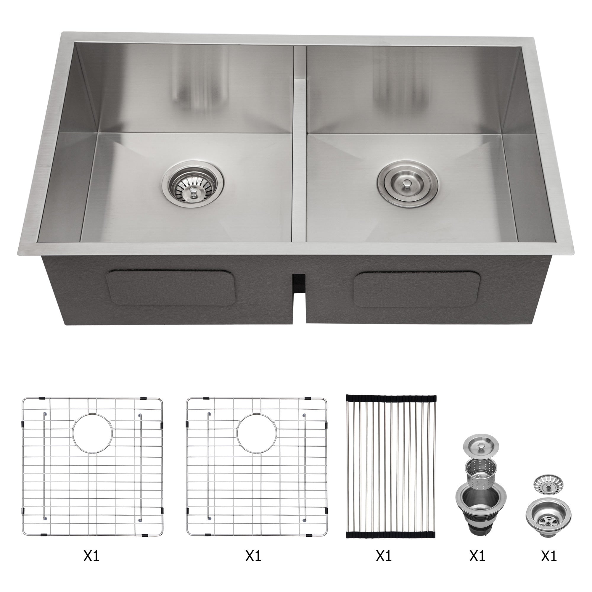 Brushed Nickel Double Bowl Undermount Kitchen Sink 33'x19' with 16 Gauge Stainless Steel and Deep Basins